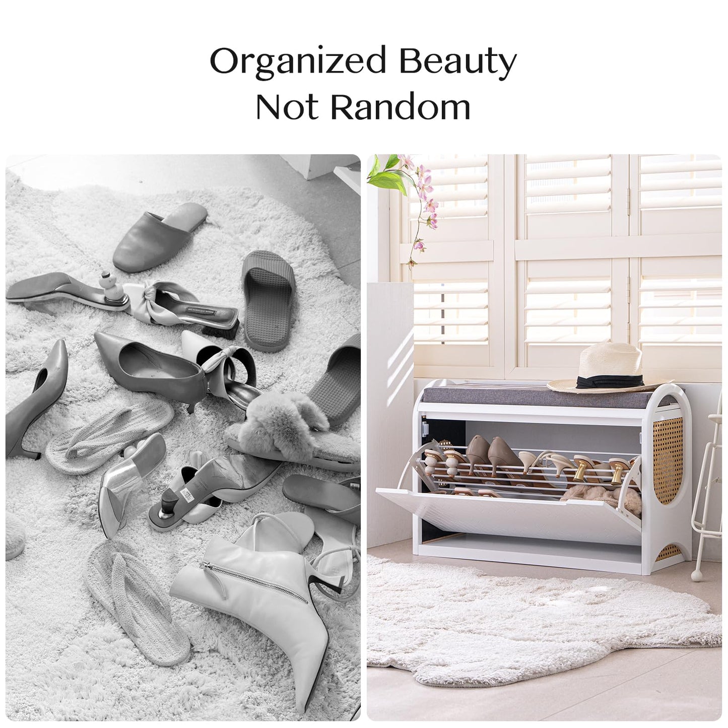 Jiansu furni Shoe Bench with Storage,Rattan Shoe Bench with Seating and Cushion, Shoe Organizer with Shelf Wooden Storage for Hallway and Bedroom,White (2PCS)