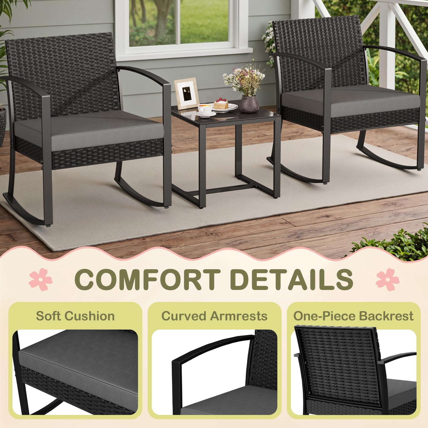 Greesum 3 Piece Patio Furniture Set, All-Weather Imitation Rattan Conversation Set, Outdoor Rocking Chair Bistro Set with Glass Top Coffee Table for Pool, Deck, Porch, Garden or Balcony, Grey