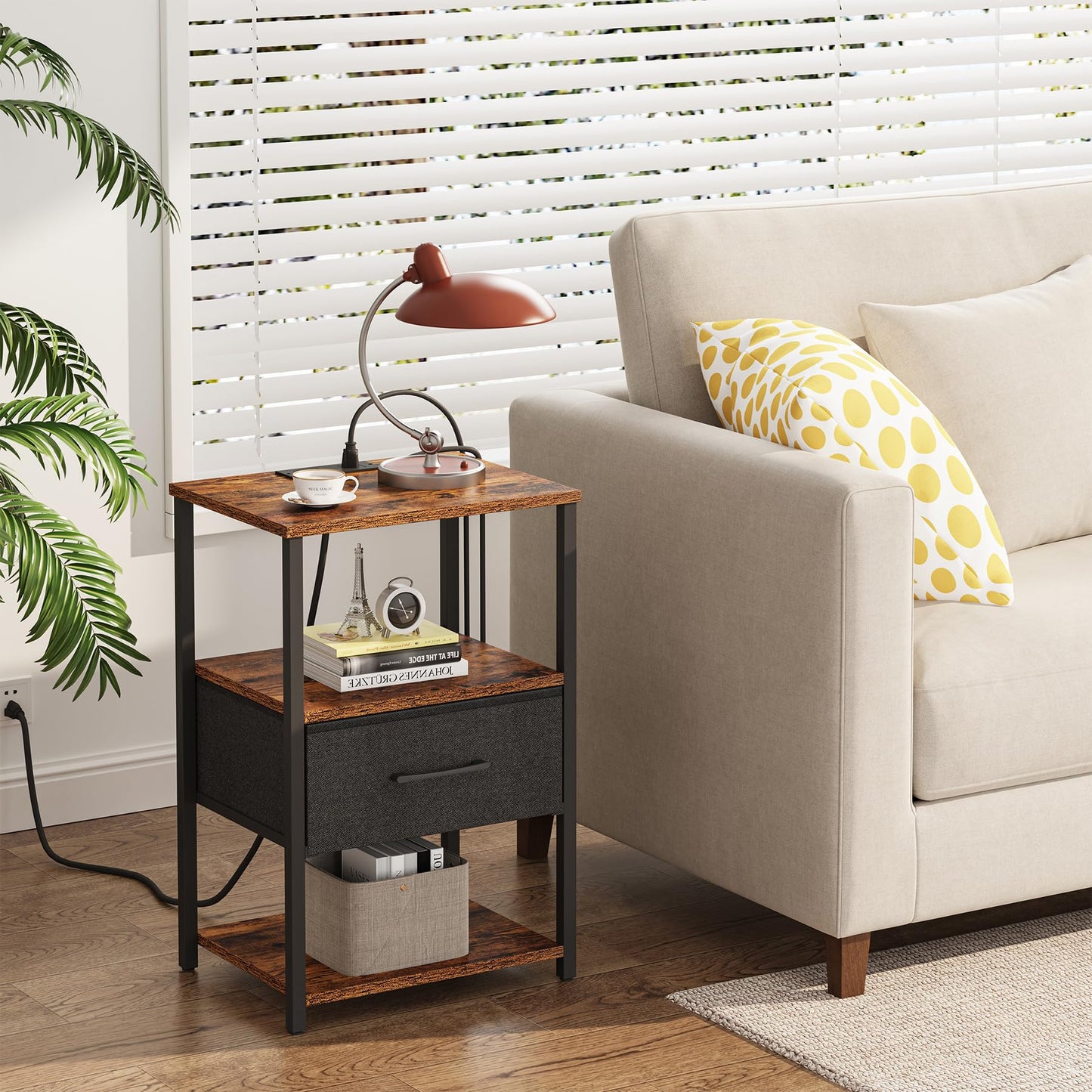 TUTOTAK End Table, Side Table with Charging Station, Nightstand Set of 2, Bedside Table with Fabric Drawer, Couch Table for Livingroom and Bedroom, Brown TB01BB0692