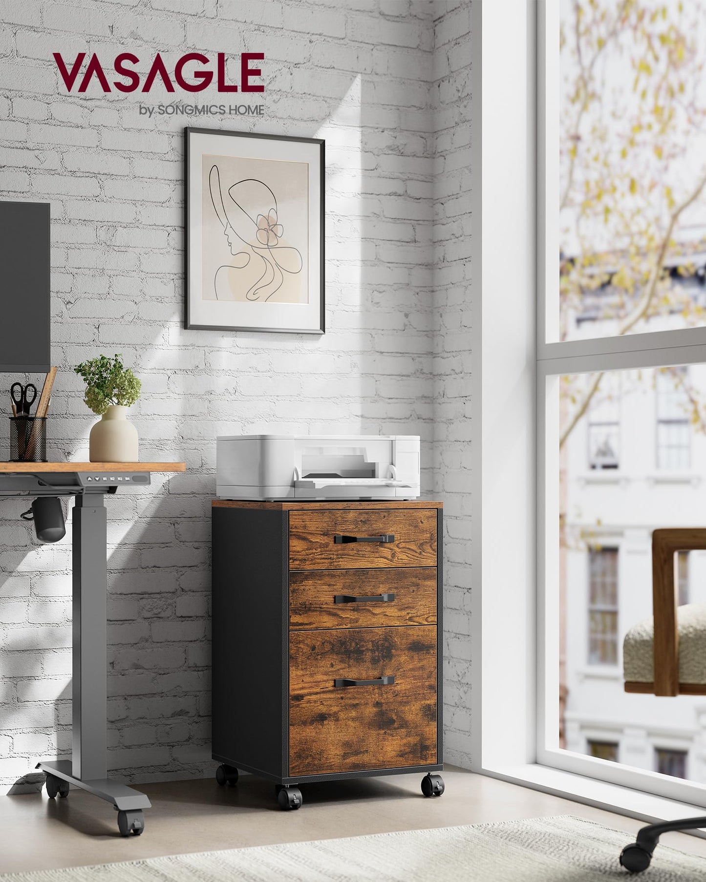 VASAGLE File Cabinet, 3 Drawers Filing Cabinet for Home Office, with Wheels, for A4, Letter Sized Documents, Hanging File Folders, Rustic Brown and Ink Black UOFC065B01