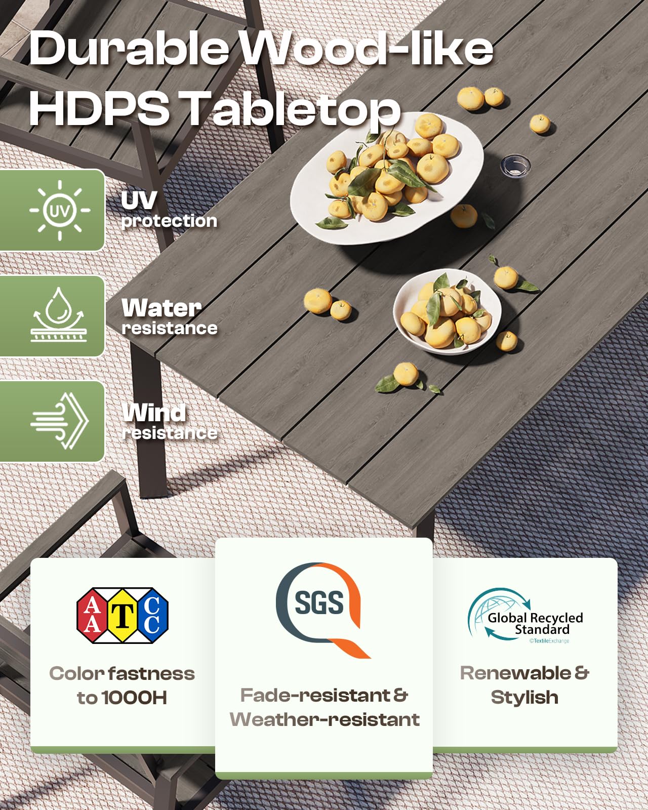 Oasbira Outdoor Patio Dining Table Sets 7-Piece Aluminum and HDPS All-Weather Table and Chairs with Umbrella Hole, Patio Modern Furniture Sets for Garden, Backyard, Lawn, and Poolside, Charcoal