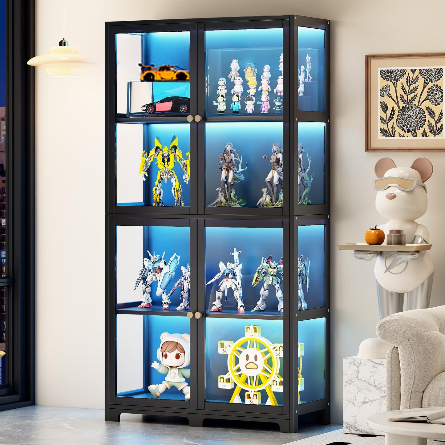 Display Cabinet with Acrylic Glass Doors, 4-Tier Curio Display Case, Transparent Bamboo Curio Display Case for Figures, Storage Cabinet for Collectibles, Bedroom, Office, Playroom