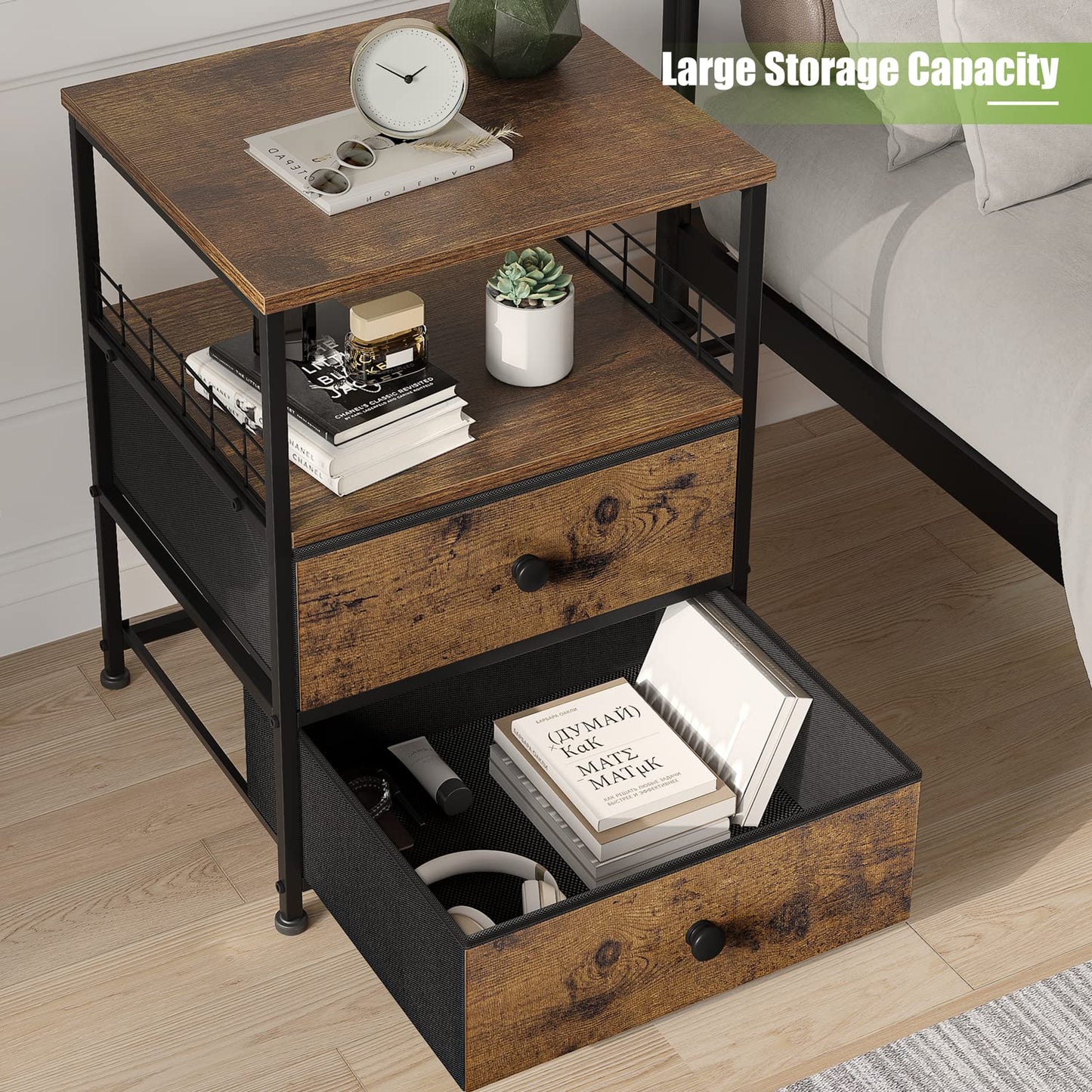 Nightstand Set of 2, 17.8"W Bedside Table with Fabric Drawers and Open Wood Shelf Storage, Safety Netting on 2 Sides of Bedside Table,Night Stand for Bedroom,Closet, Hallway, Dorm, Rustic Brown