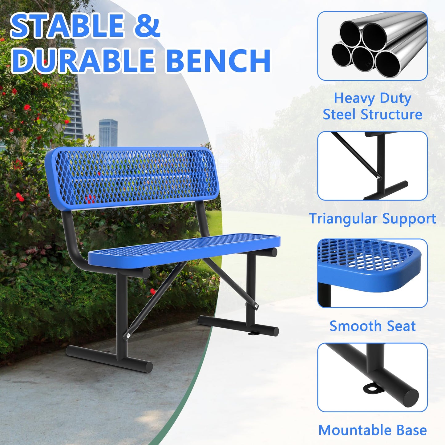 HIMcup 4 Feet Park Benches for Outside,Heavy Duty Patio Garden School Commercial Benches, Weatherproof Outdoor Bench Metal Blue Outdoor Bench, Outdoor Steel Bench with Backrest,48x23.2x32.5inch