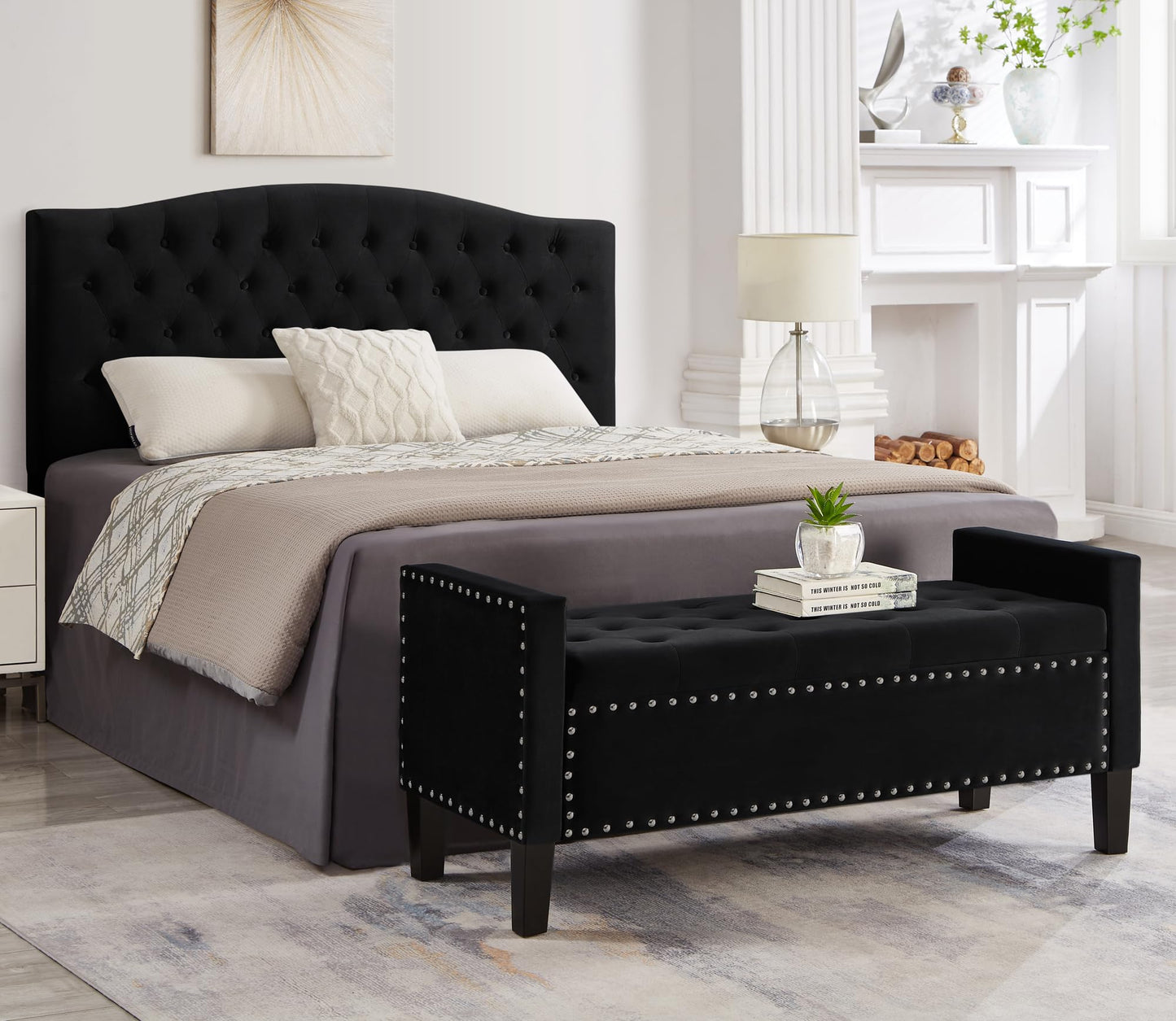 Favfurish Velvet Storage Ottoman with Armrests and Nails Trim,Entryway Living Room Soft Padded Seat,Bed Bench Bedroom End of Bed,Black (48”L X 18.5” W X 22” H)