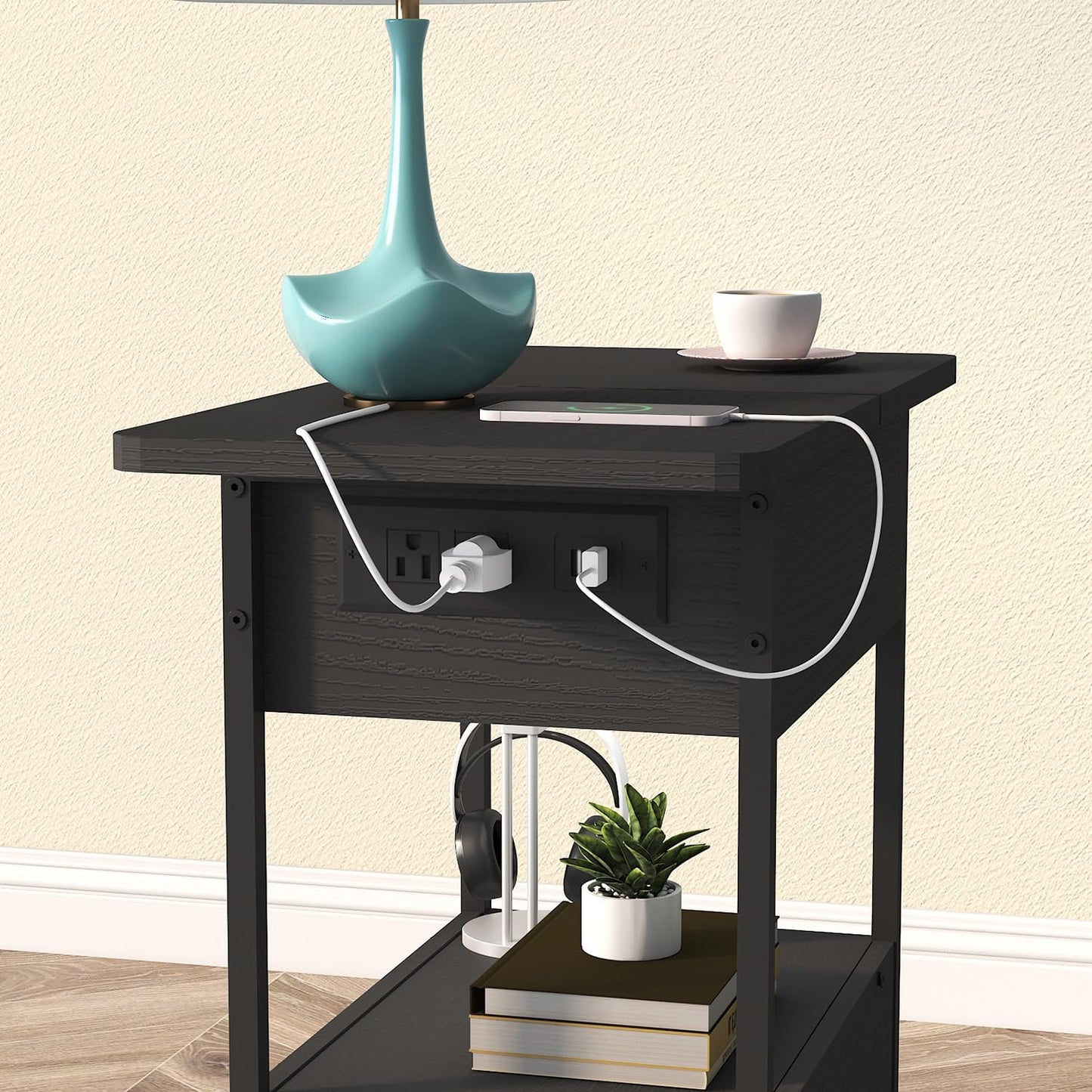 SOOWERY End Table with Charging Station, Narrow Side Table with Flip Top Cabinet and Fabric Drawer, Nightstand Bedside Tables for Small Spaces, Bedroom, Living Room, Black