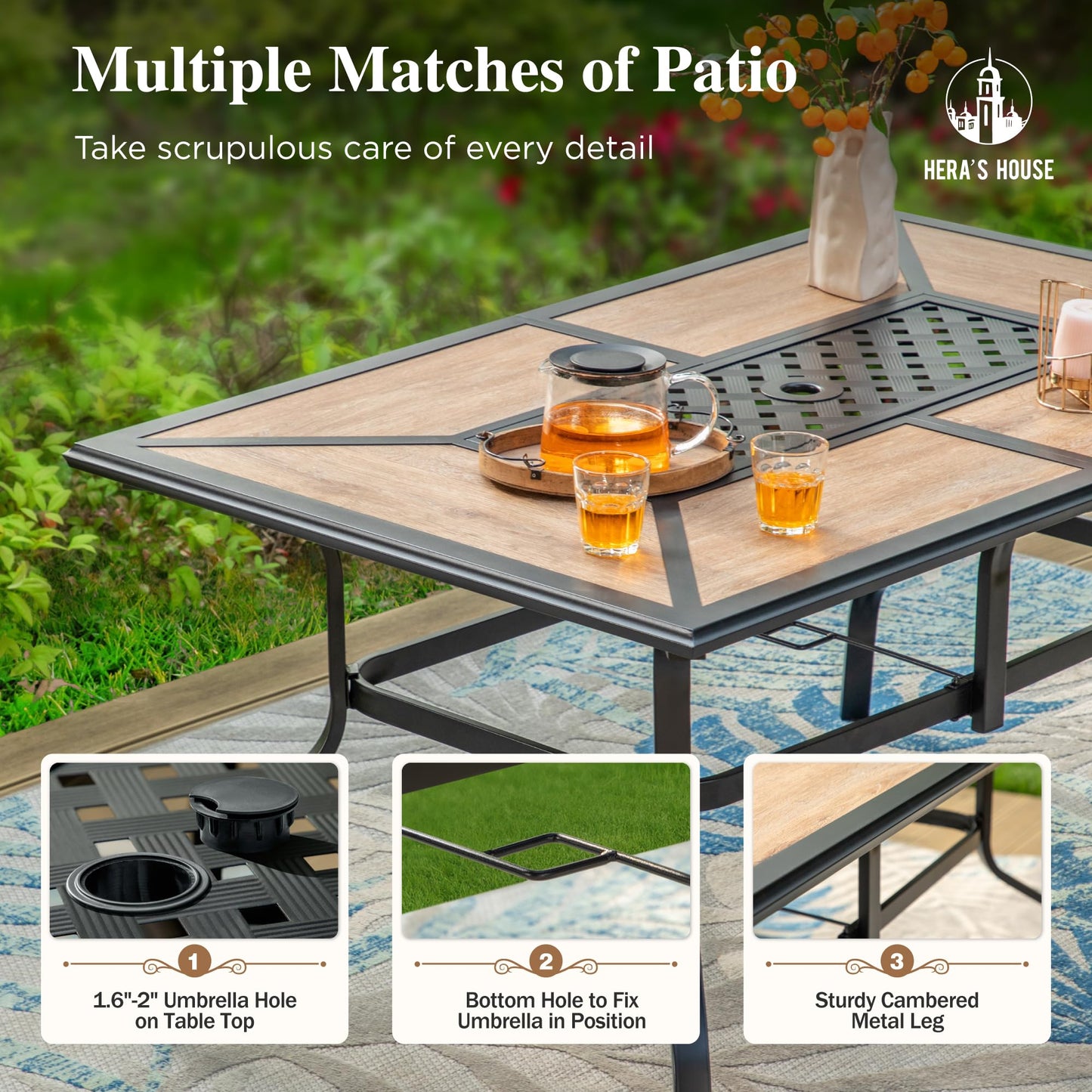 HERA'S HOUSE Patio Table and Chairs Set, Rectangular Outdoor Metal Table with Umbrella Hole, 7 Pieces Outdoor Dining Sets for Backyard Lawn Deck(Brown)