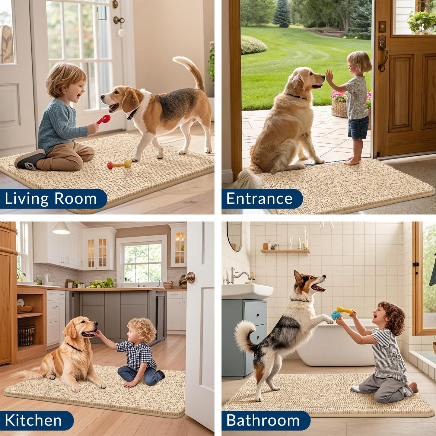 Smiry Dog Door Mat for Muddy Paws 48x30, Absorbs Moisture and Dirt Doormat, Non-Slip Washable Quick Dry Chenille Front Door Mat Indoor Entrance, Entryway Carpet for Inside Floor, Beige