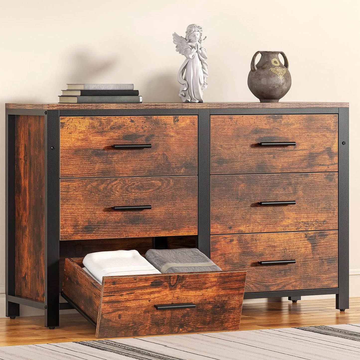 Frmobepts Rustic Brown Dresser for Bedroom, Wide Wood Dressers Furniture with 6 Wooden Drawer and Metal Frame, TV Stand with Deep Drawer (Rustic Brown)