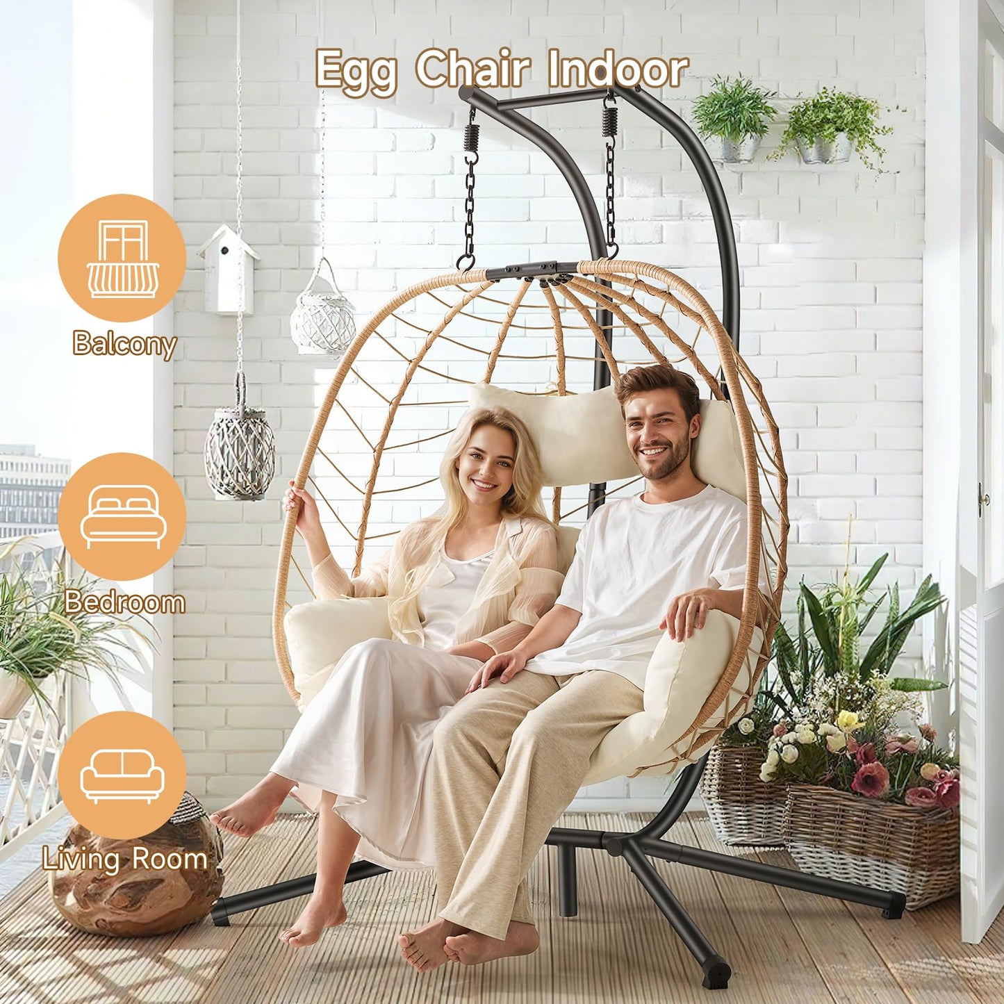 ONBRILL Double Egg Chair with Stand, Indoor Outdoor 2 Person Hammock Swing Chair with Cushions & Headrest, 650LBS Capacity Hanging Loveseat for Patio, Bedroom, Garden, Balcony (Yellow-Beige)
