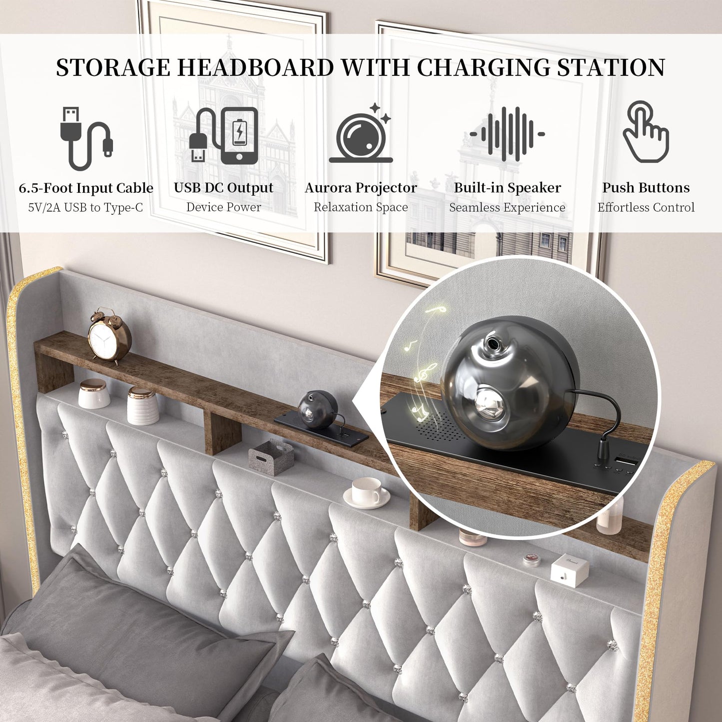 SIBEDS Queen LED Bed Frame with Storage Drawers, Velvet Upholstered Platform Beds with Galaxy Star Projector Charging Station Speaker, Aurora Bedframe with 2-Tier Storage Headboard, Noise-Free, Grey