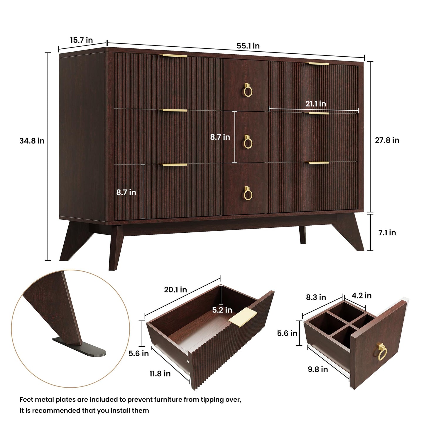 LIKIMIO Dresser for Bedroom 9 Drawers with LED Light, 55" Wide Fluted Chest of Drawers, Wood Closet Organizer, TV Stand for Living Room, Walnut
