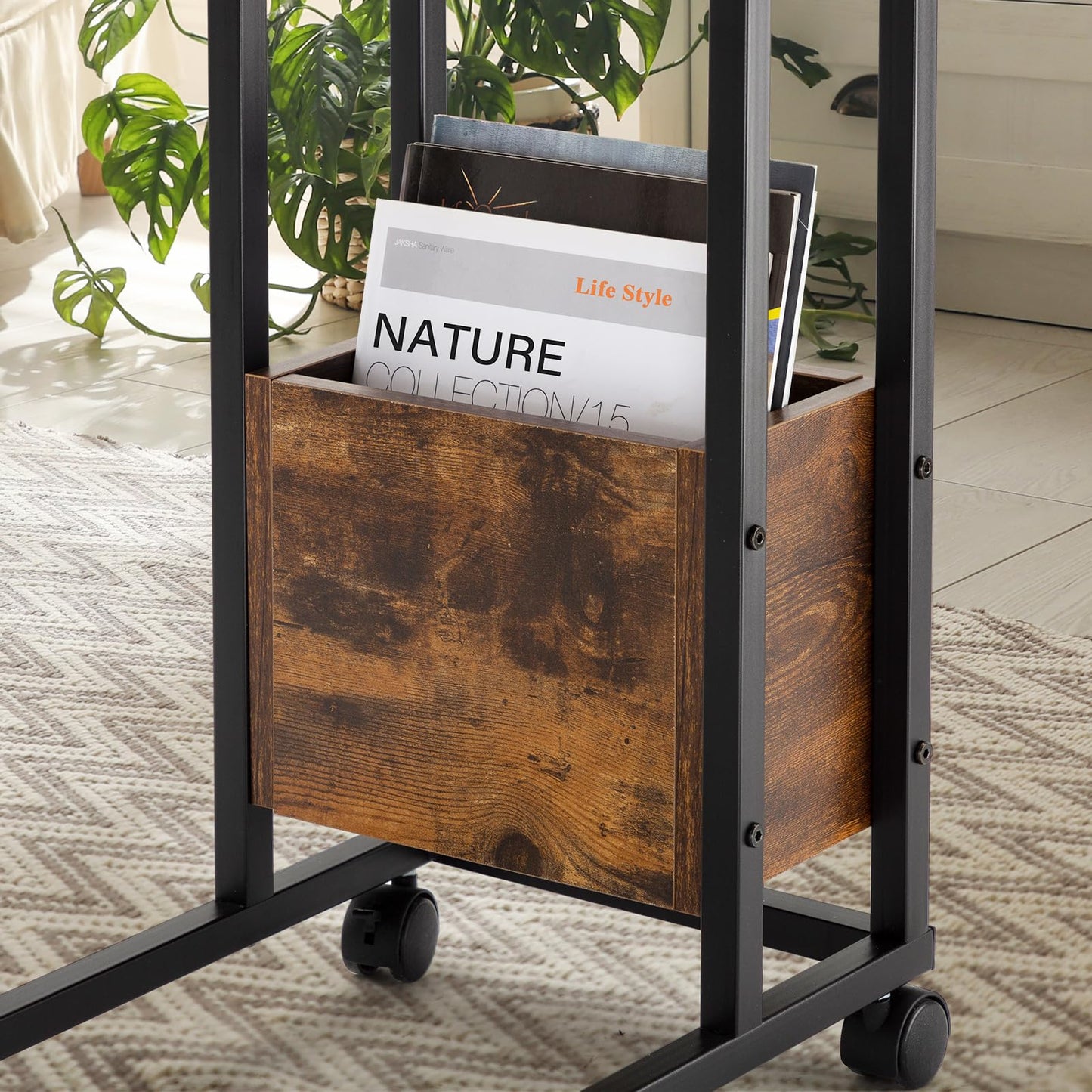 Hadulcet C Shaped End Table with Charging Station & Foldable Tabletop, Folding TV Tray Table with Storage, Rolling TV Trays, C Table for Sofa, Living Room Bedroom Small Spaces, Rustic Brown