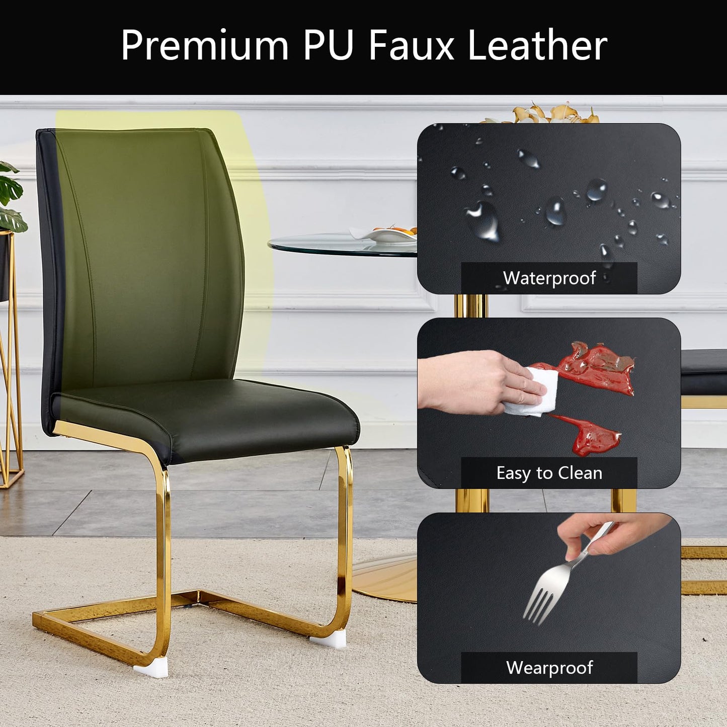 cinkehome Set of 4 Modern Dining Chairs, High Back PU Faux Leather Upholstered Armless Chair with Metal Legs for Kitchen Dining Room Living Room