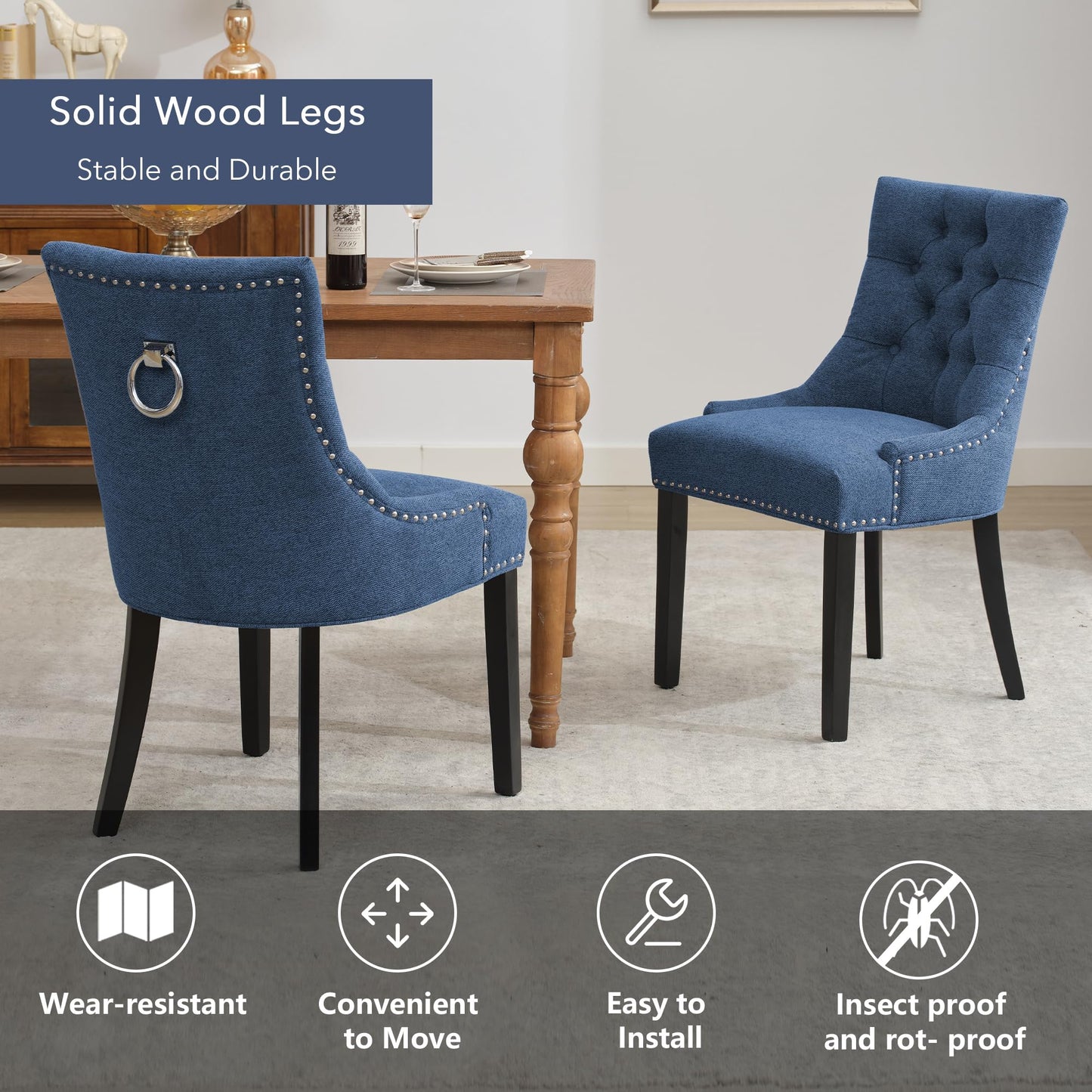 UDAX Upholstered Dining Chairs with Arms, Set of 4, Dining Room Chairs with Solid Wood Legs and Tufted Backrest(Linen+Blue)