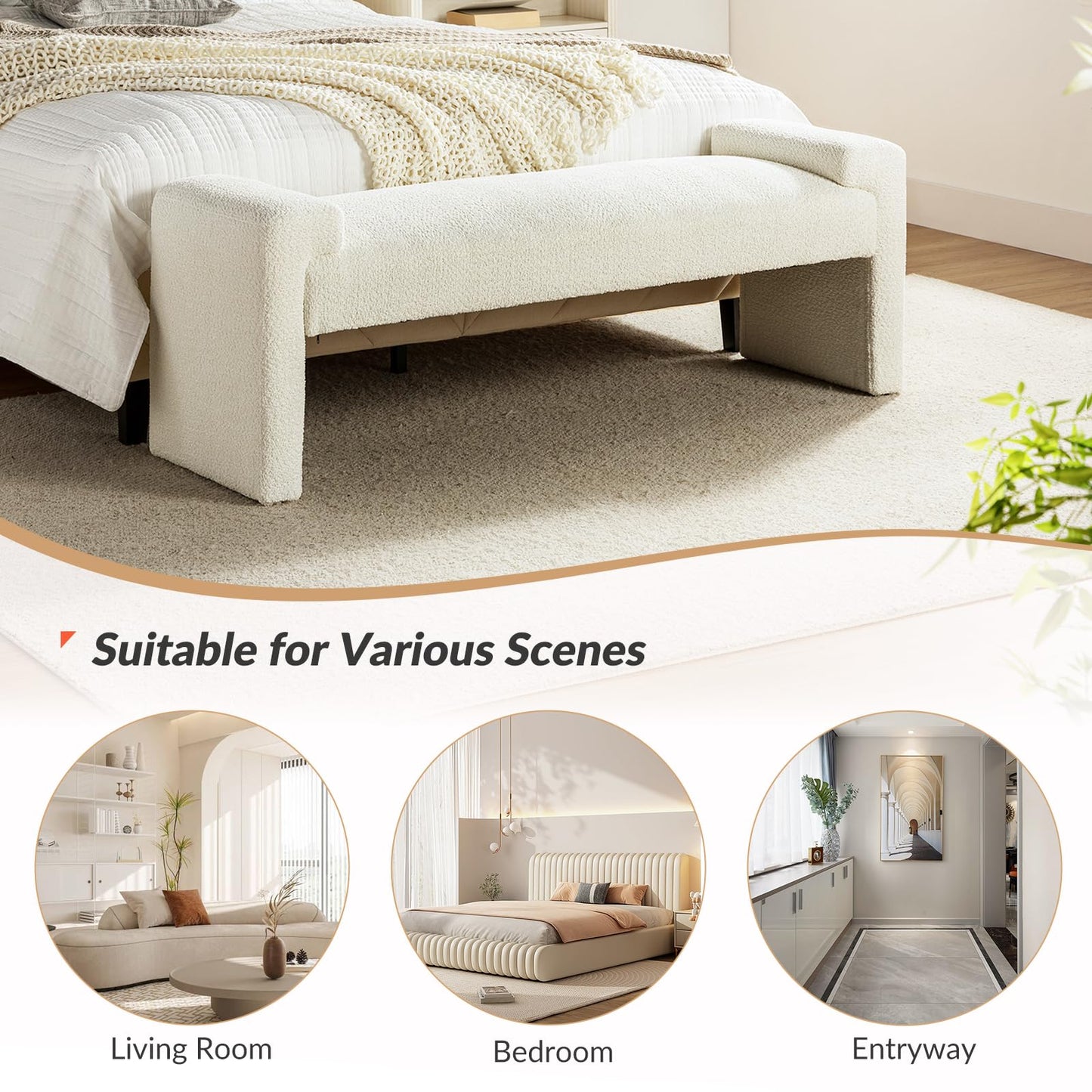HULALA HOME 58.5" End of Bed Bench, Modern Fabric Upholstered Entryway Bench with Solid Wood Frame, Ivory