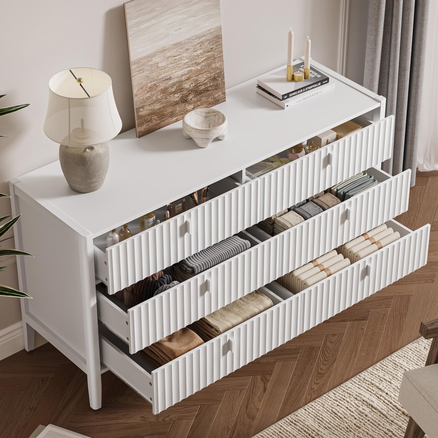 MAISONARIA White 6 Drawer Dresser for Bedroom, Modern Wood Dresser, Fluted Design Double Chest of Drawers with Wood Legs, TV Stand Storage Cabinet for Bedroom, Living Rooms, Offices, and Entryways
