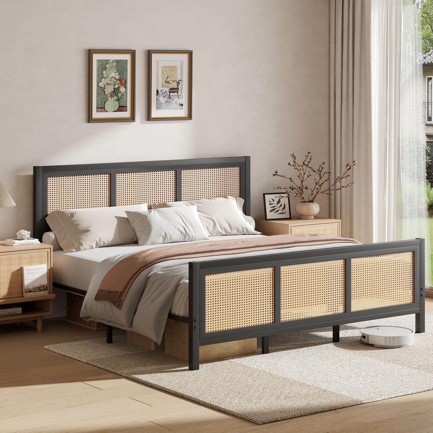 CHABUILDREARK Rattan Bed Frame King, Boho King Bed Frame and Headboard, Metal Platform King Size Bed Frame with Strong Slats Support, No Box Spring Needed, Noise-Free, Easy Assembly, Black