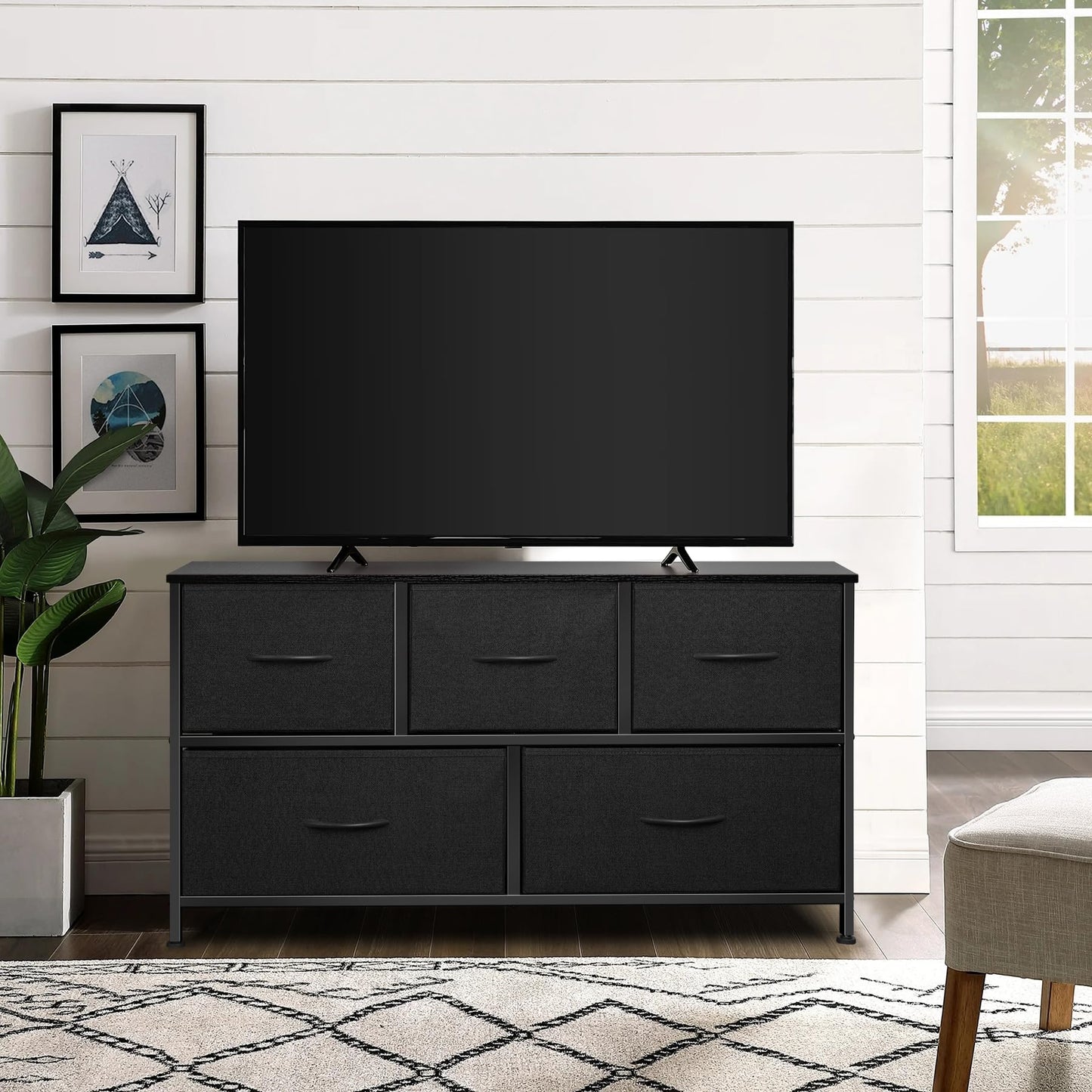 Sonharlar Dresser for Bedroom with 5 Drawers, Chest of Drawers, Storage Drawers Organizer Unit, Black Wide Fabric Dresser with Fabric Bins for Closet, Living Room, Bedroom (Charcoal Black)