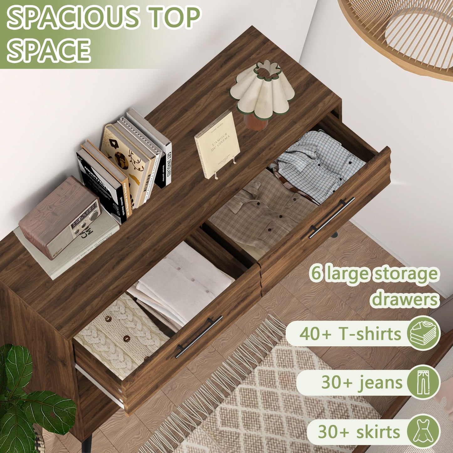 CATMIX Farmhouse Bedroom Set, 3 Pieces Bedroom Furniture Set, Fluted 6 Drawer Dresser and Nightstands, Chest of Drawers Wide Storage Organizer Cabinet for Bedroom