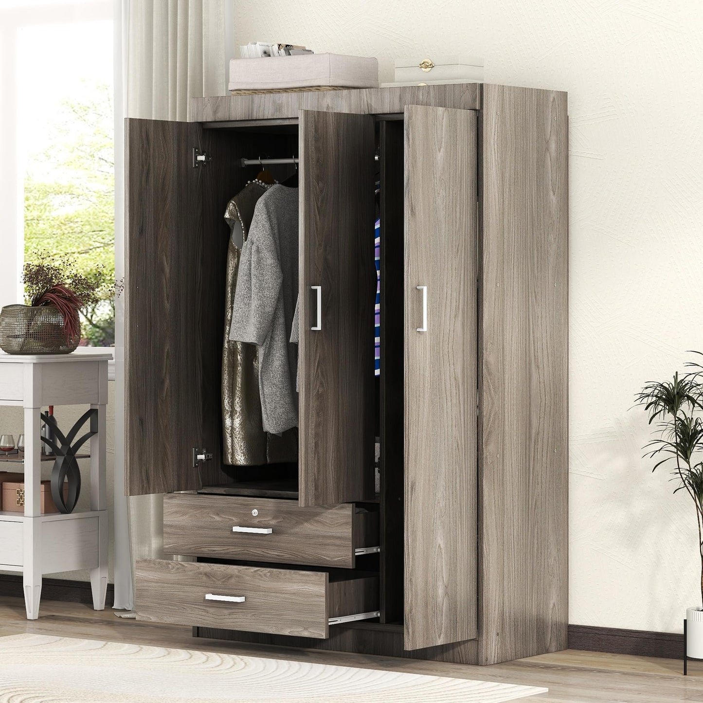 LZ LEISURE ZONE 3 Doors Wardrobe Armoire Closet, Large Freestanding Armoire Wardrobe Cabinet with 2 Drawers, Bedroom Wardrobe Clothes Storage Cabinet Organizer, Wood Grain Effect in Gray, LP006001
