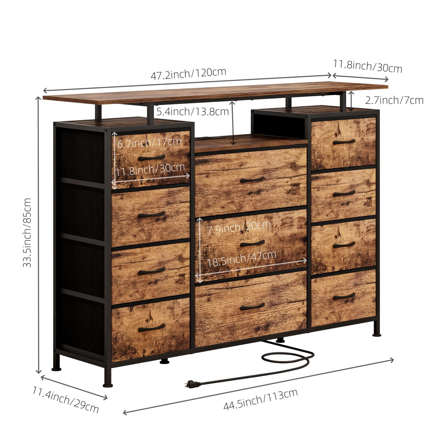 LUMTOK 11 Drawers Dresser with Fabric Drawers,Charging Station, LED Lights and Shelves for Bedroom Storage Organization (Brown)
