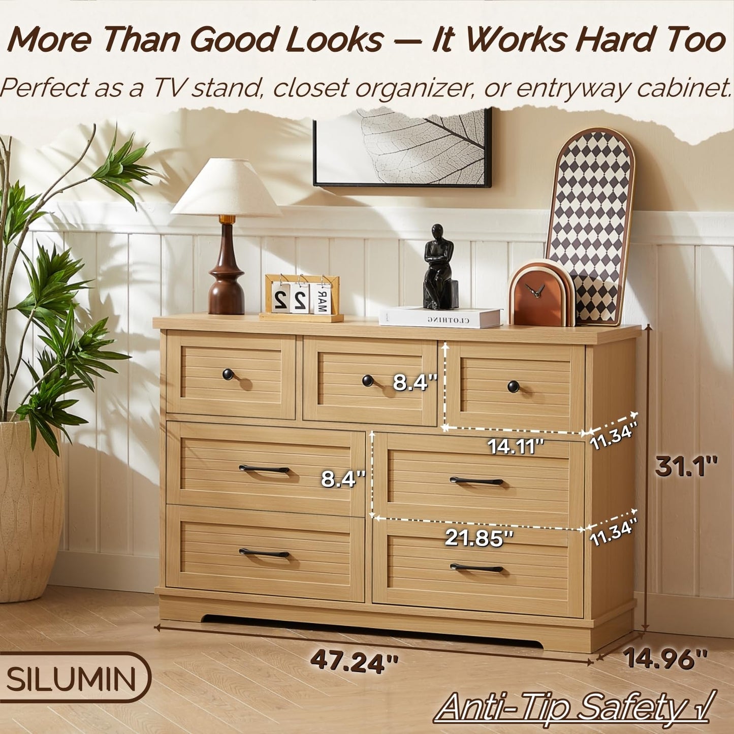 SILUMIN Dresser for Bedroom with 7 Drawers, Wide Wood Chest of Drawers, 47" Dresser Storage Organizer, Modern Wooden Dressers for Bedroom, Living Room, Hallway, TV Stand, Office & Entryway