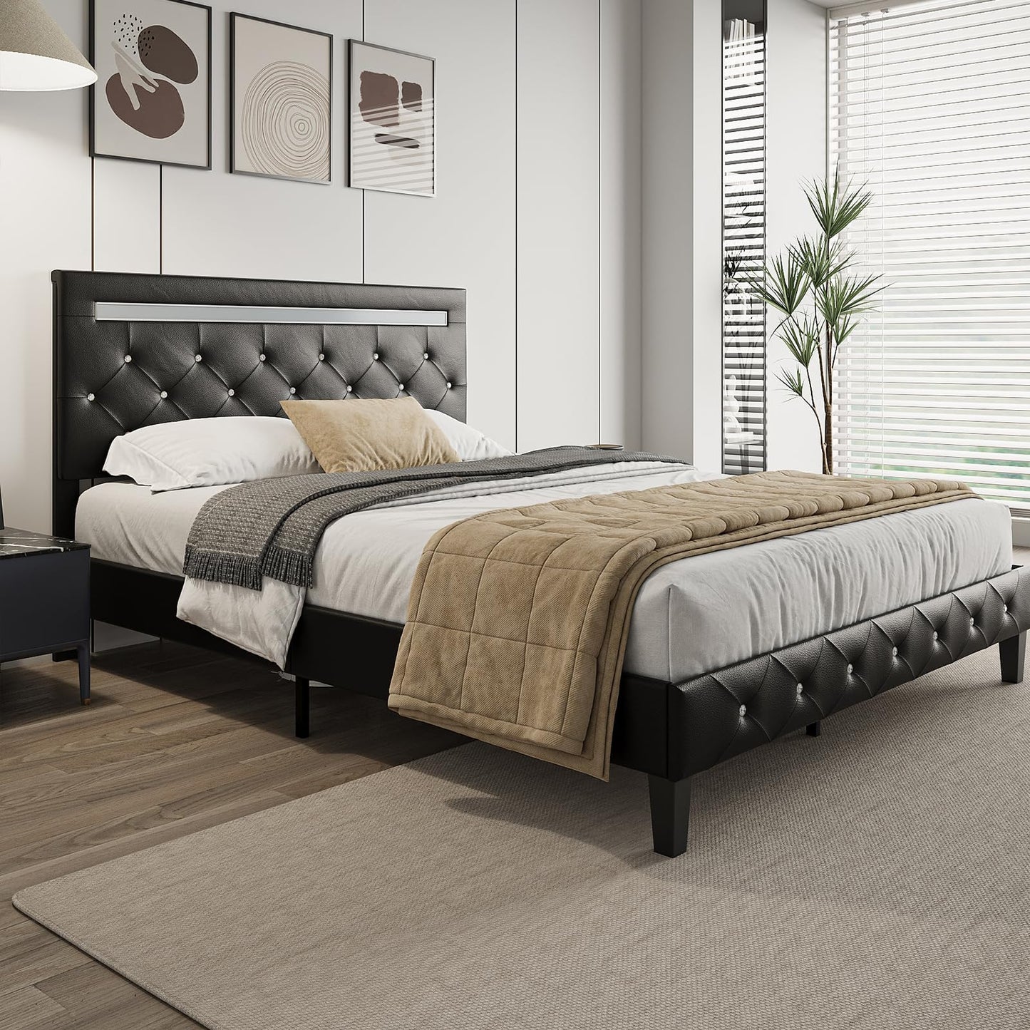 Benevika Full Size Bed Frame with LED Lights, Upholstered Platform Bed Frame with Adjustable Headboard and Charging Station, Wooden Slats Support, Easy Assembly, No Box Spring Needed, Black