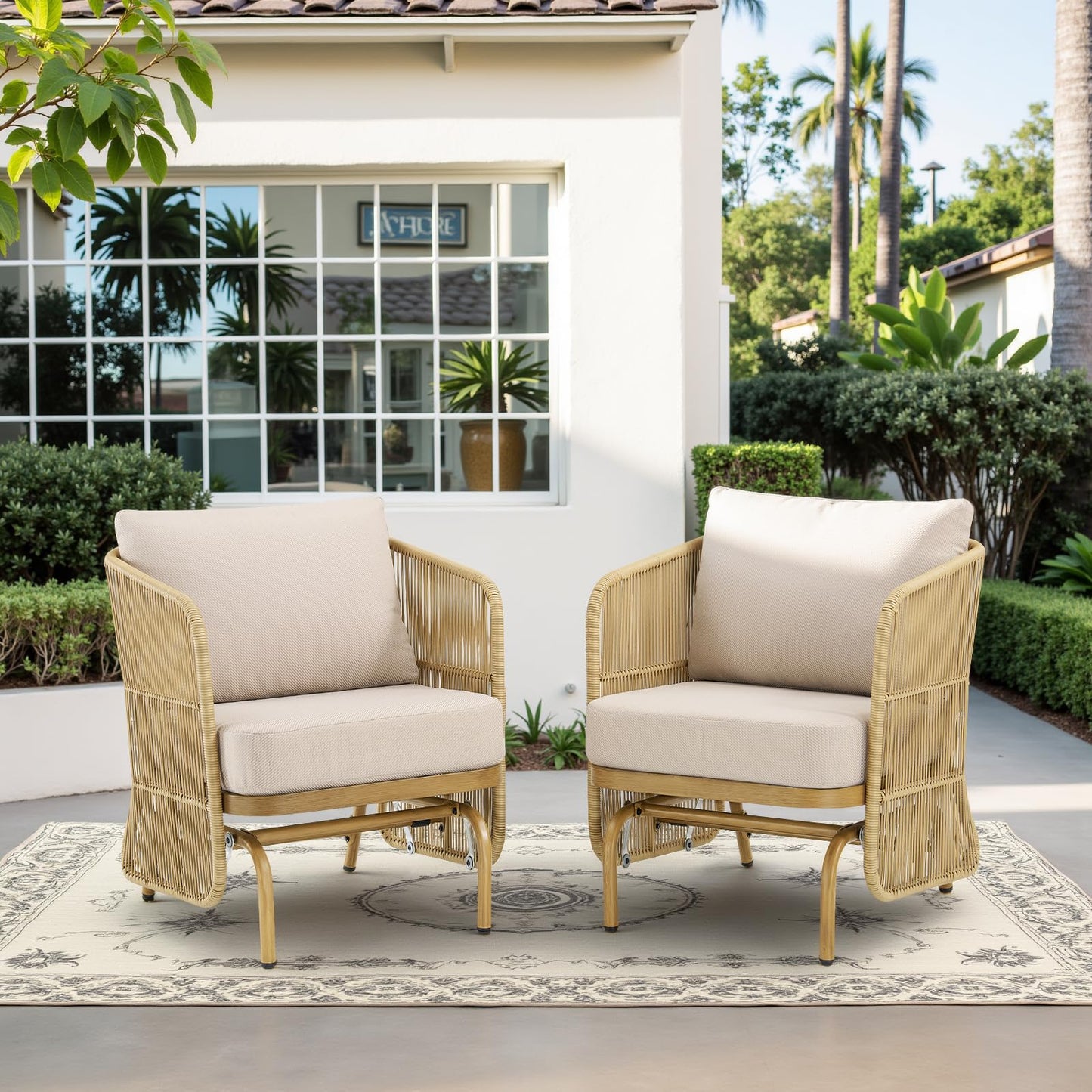 PLANNTONNEO Outdoor Rocking Chairs Set of 2, Wicker Rocking Chairs Furniture Sets with Curved Silhouette, 2 Pieces Glider Rocking Bistro Set with Cushion for Garden,Porch,Backyard