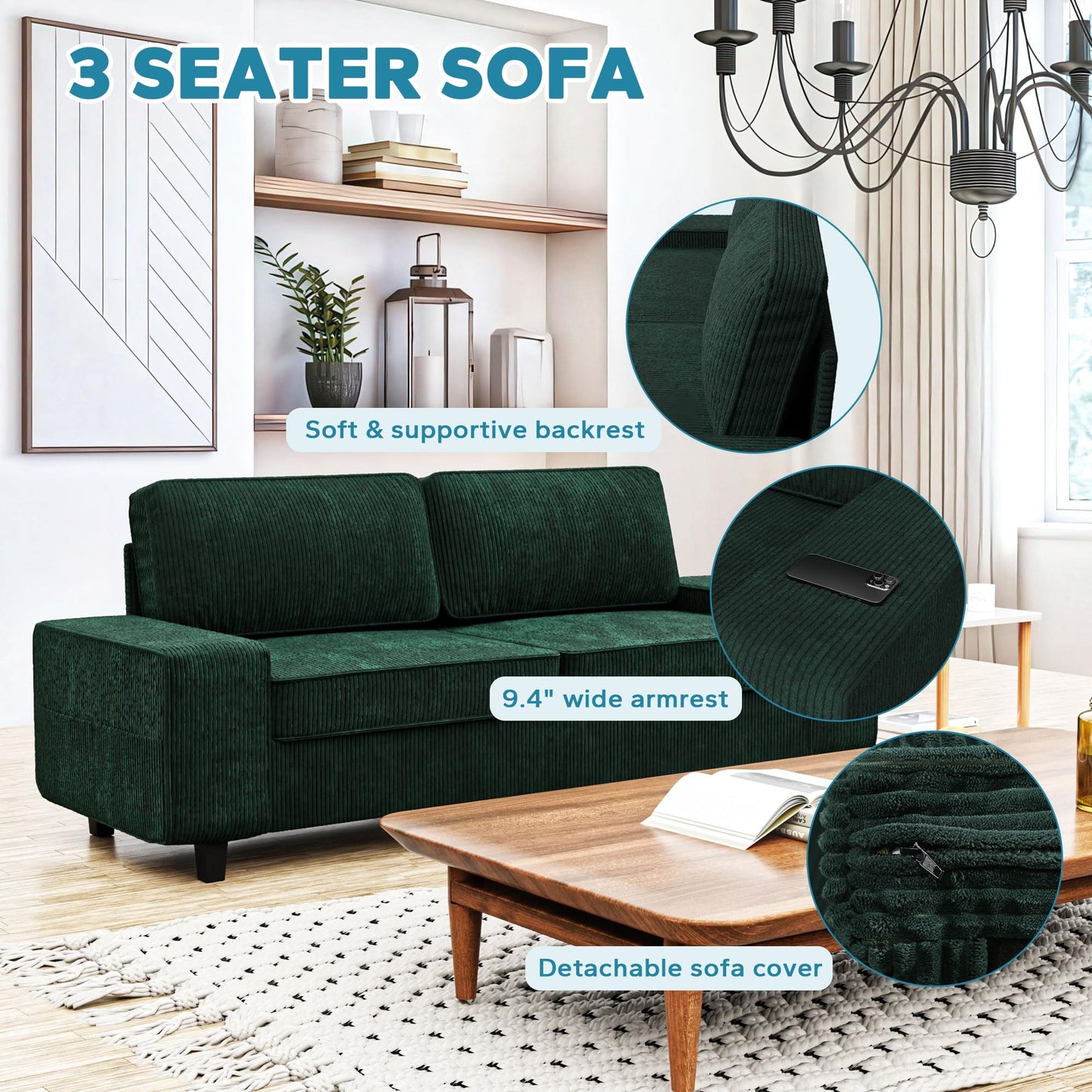 MeetLeisure 84" Corduroy Loveseat Couch, 3 Seater Retro Sofa with 4 Side Pockets, Removable and Washable Cushions, Mid Century Modern, Living Room, Apartment, Office (Green)