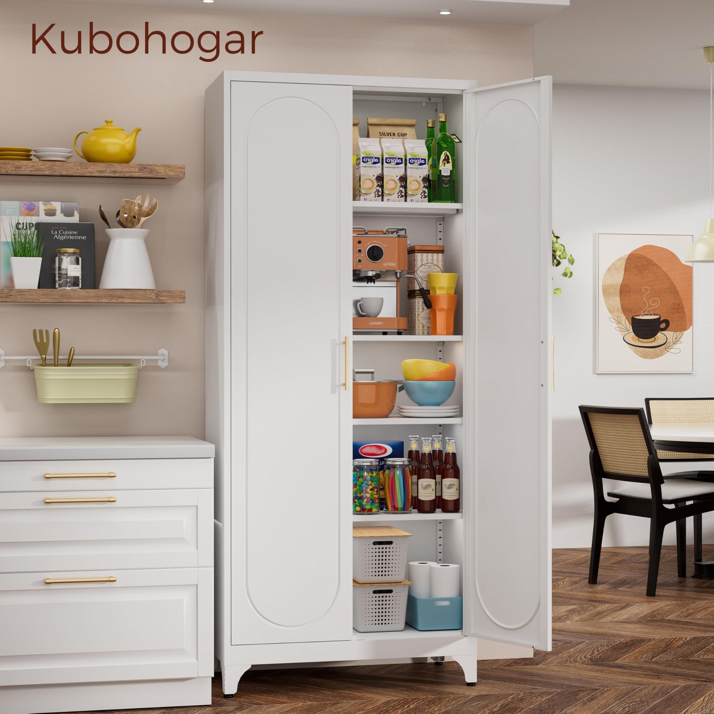 Kubohogar 75" Tall Kitchen Pantry Cabinet with 2 Doors and 4 Adjustable Shelves, White Metal Storage Cabinets, Kitchen Cupboard for Dinning Living Room, Bathroom, Laundry, Home Office