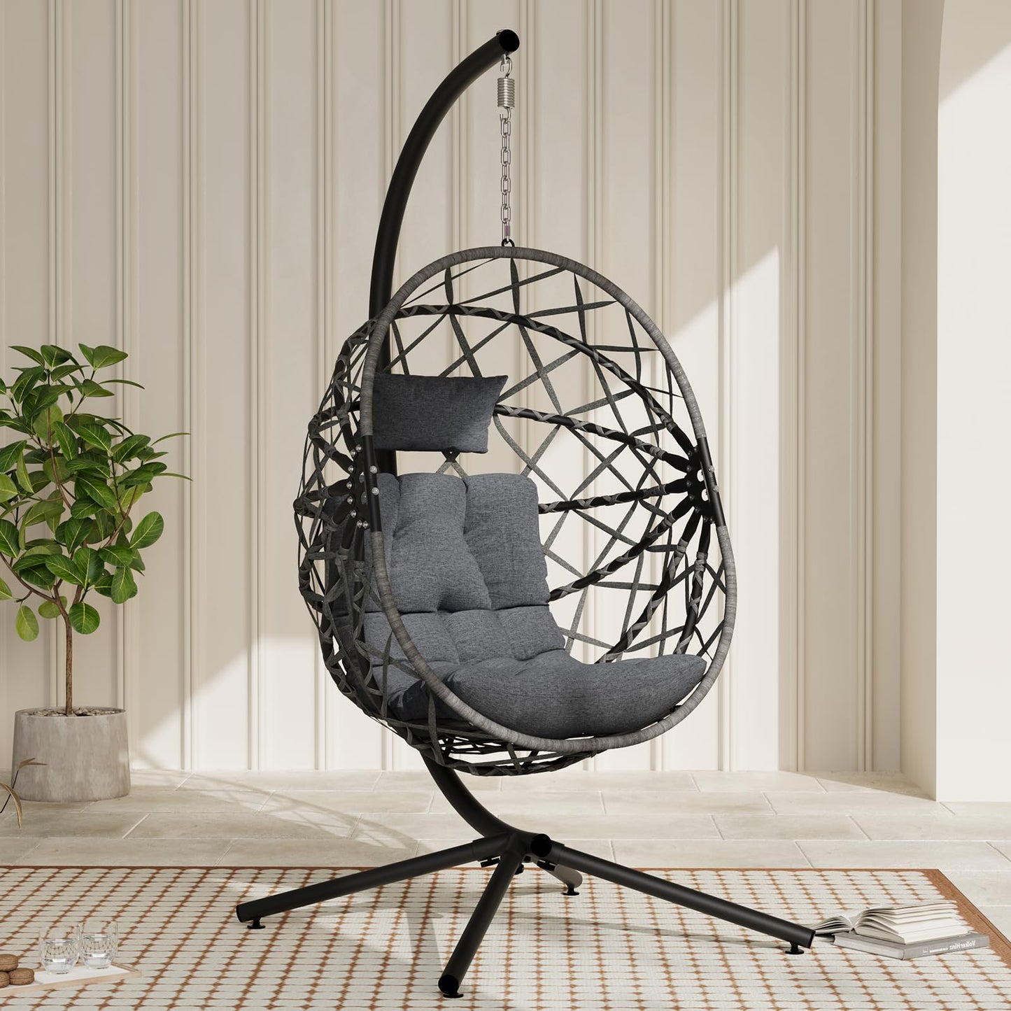 SWITTE Hanging Egg Chair with Stand, Outdoor & Indoor Wicker Egg Swing Chair with Cushion, 400LBS Capacity for Patio, Bedroom & Garden - Dark Grey