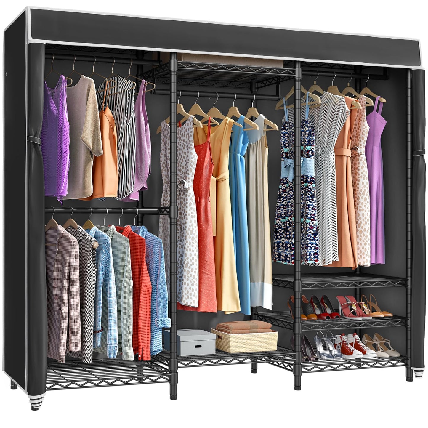 VIPEK V5C Heavy Duty Covered Clothes Rack Portable Bedroom Armoires Rack, Black Metal Clothing Rack with Black Cover, Adjustable Custom Freestanding Closet Wardrobe, Max Load 800LBS