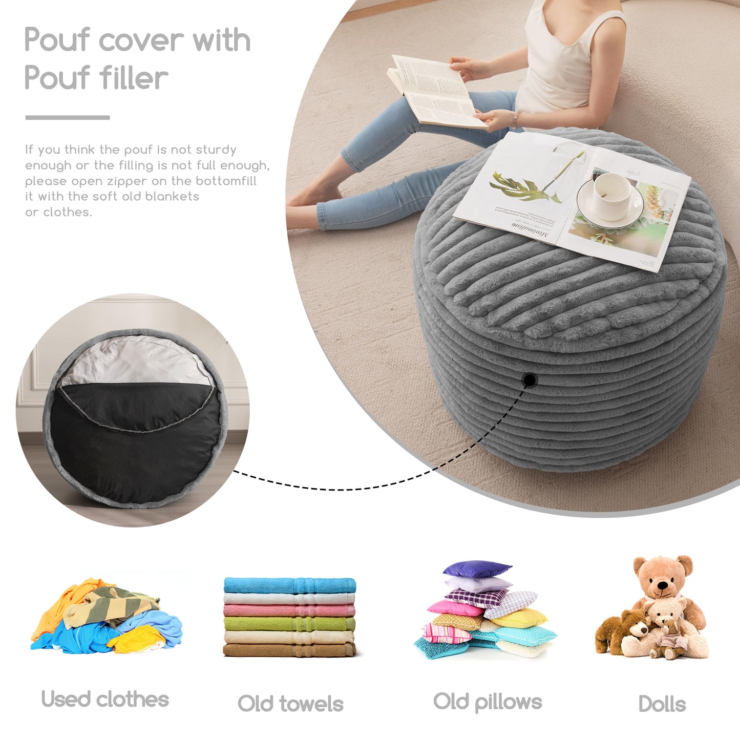HIGOGOGO Round Stuffed Pouf Ottoman, Stripe Faux Fur Poufs with Foam Chunk Filling, Furry and Fluffy Pouf Foot Stool Storage Ottoman, 20 X 15 Floor Poufs Foot Rest for Living Room, Grey