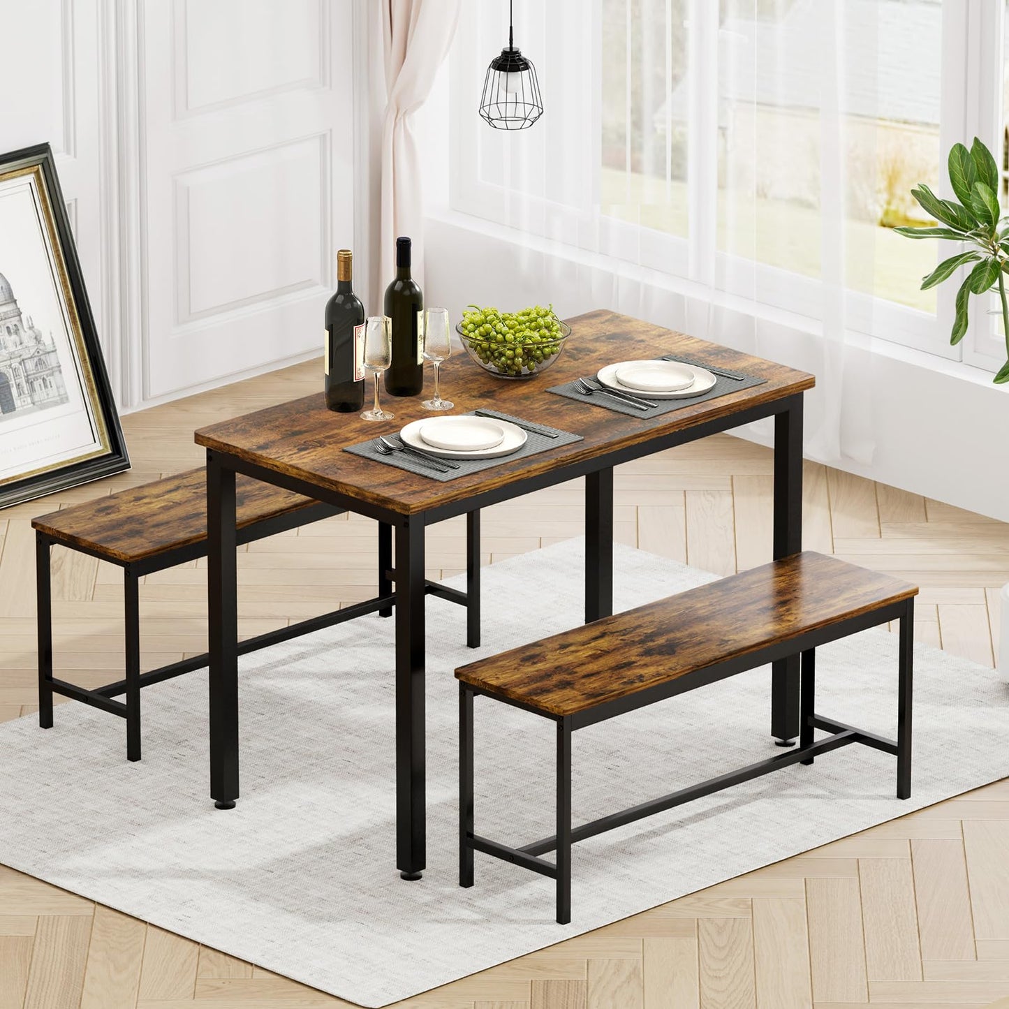 Rovibek 43" Dining Table Set for 4, Modern Space Saving Kitchen Breakfast Table with Benches & Adjustable Feet, Wooden Industrial Style Farmhouse, Brown