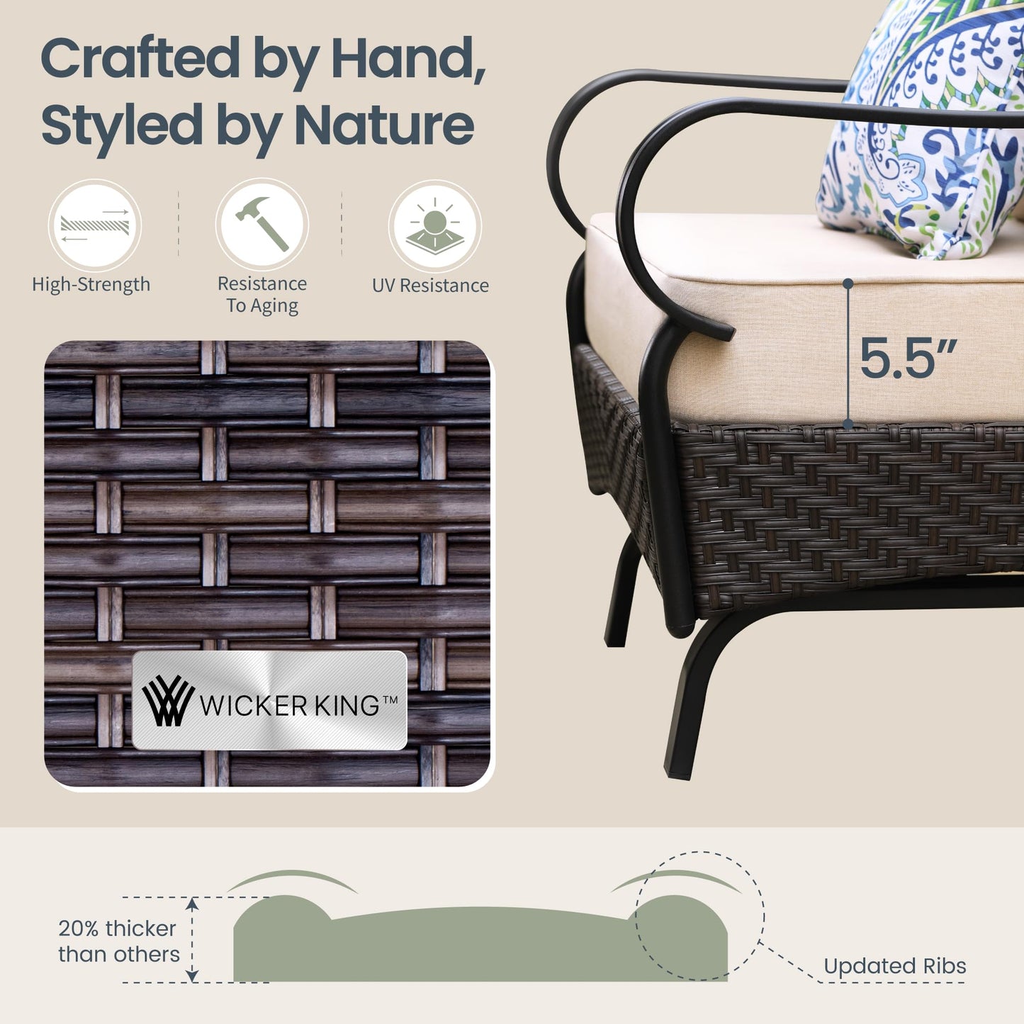 PHI VILLA Wicker & Metal Outdoor Patio Couch,3-Seat Patio Sofa with Deep Seating for Front Porch, Deck, Balcony, Backyard, Sunroom