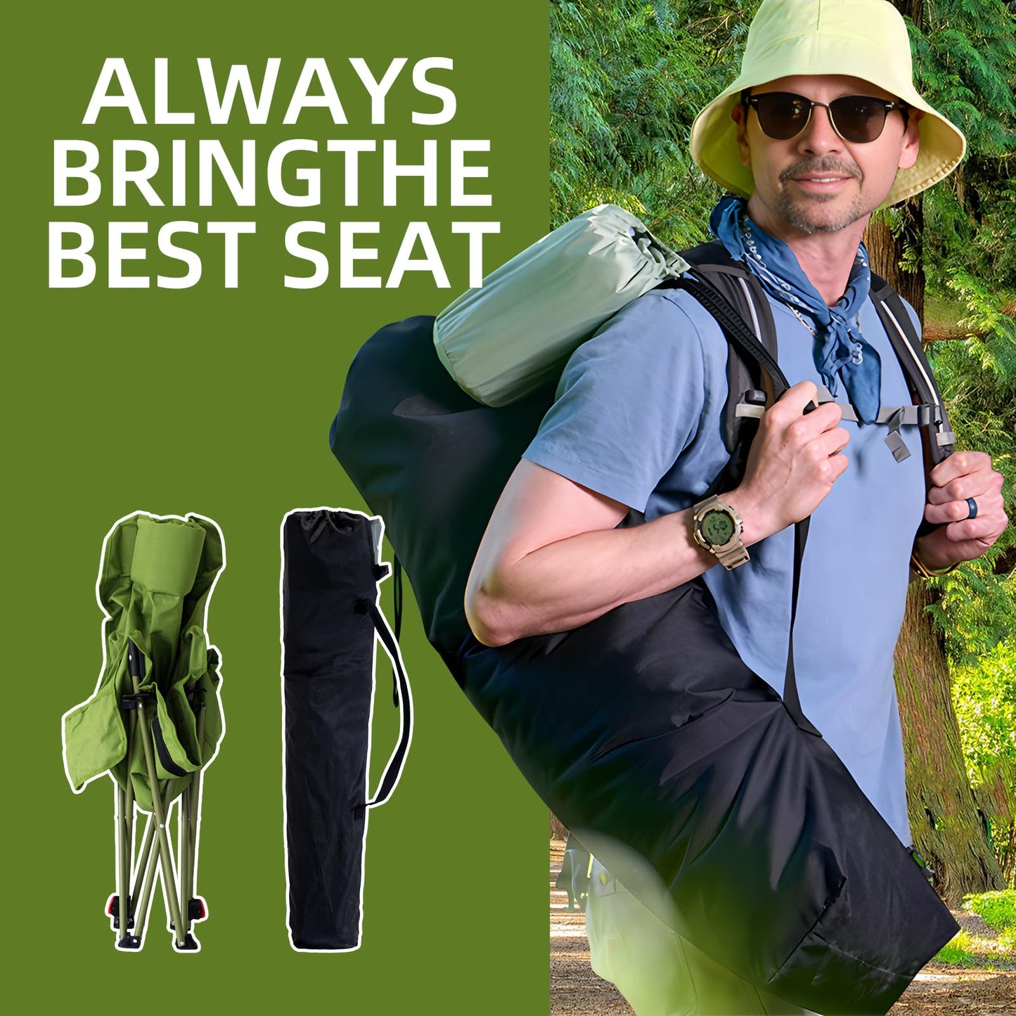 Outdoor Portable Camping Chair, Folding Camping Chair with Adjustable Backrest, Suitable for Patio/Fishing/Beach/Camp, Includes A Storage Bag (2 Pack-Green)