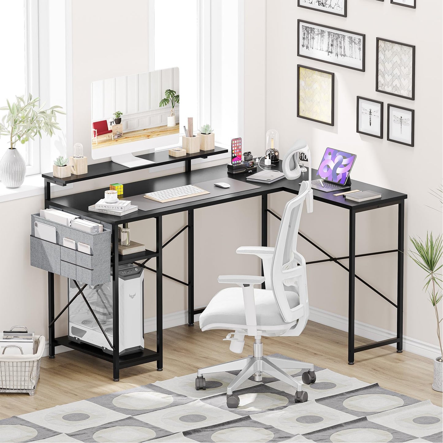 Takywep 54 inch Gaming Desk, Reversible L Shaped Desk, Corner Computer Desk with Monitor Stand, Power Outlets, LED Lights and Storage Shelves for Home Office, Bedroom, Writing Workstation (Black)