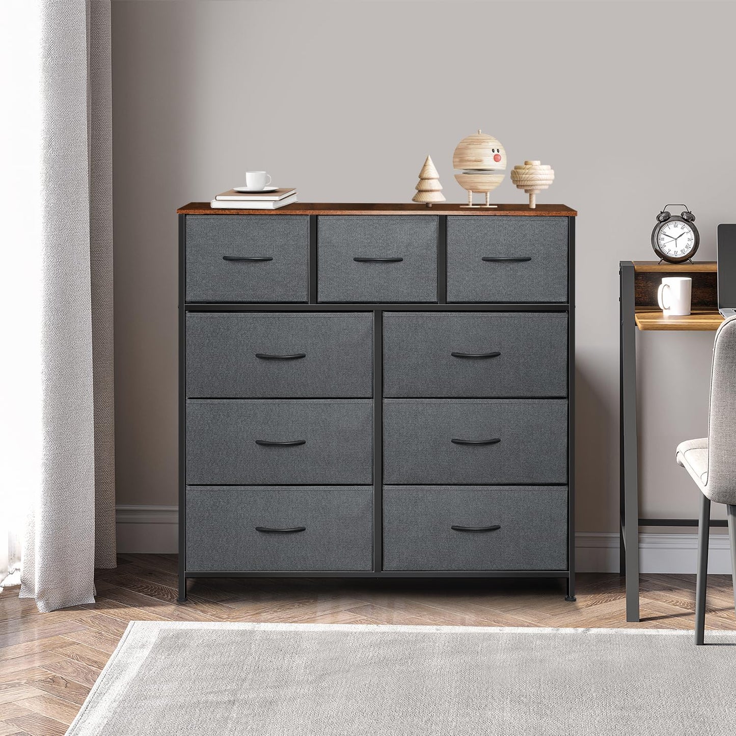 Sonharlar Dresser for Bedroom with 9 Drawers, Chest of Drawers, Storage Drawers Organizer Unit, Grey Wide Fabric Dresser with Fabric Bins for Closet, Living Room, Entryway (Grey and Rustic Brown)
