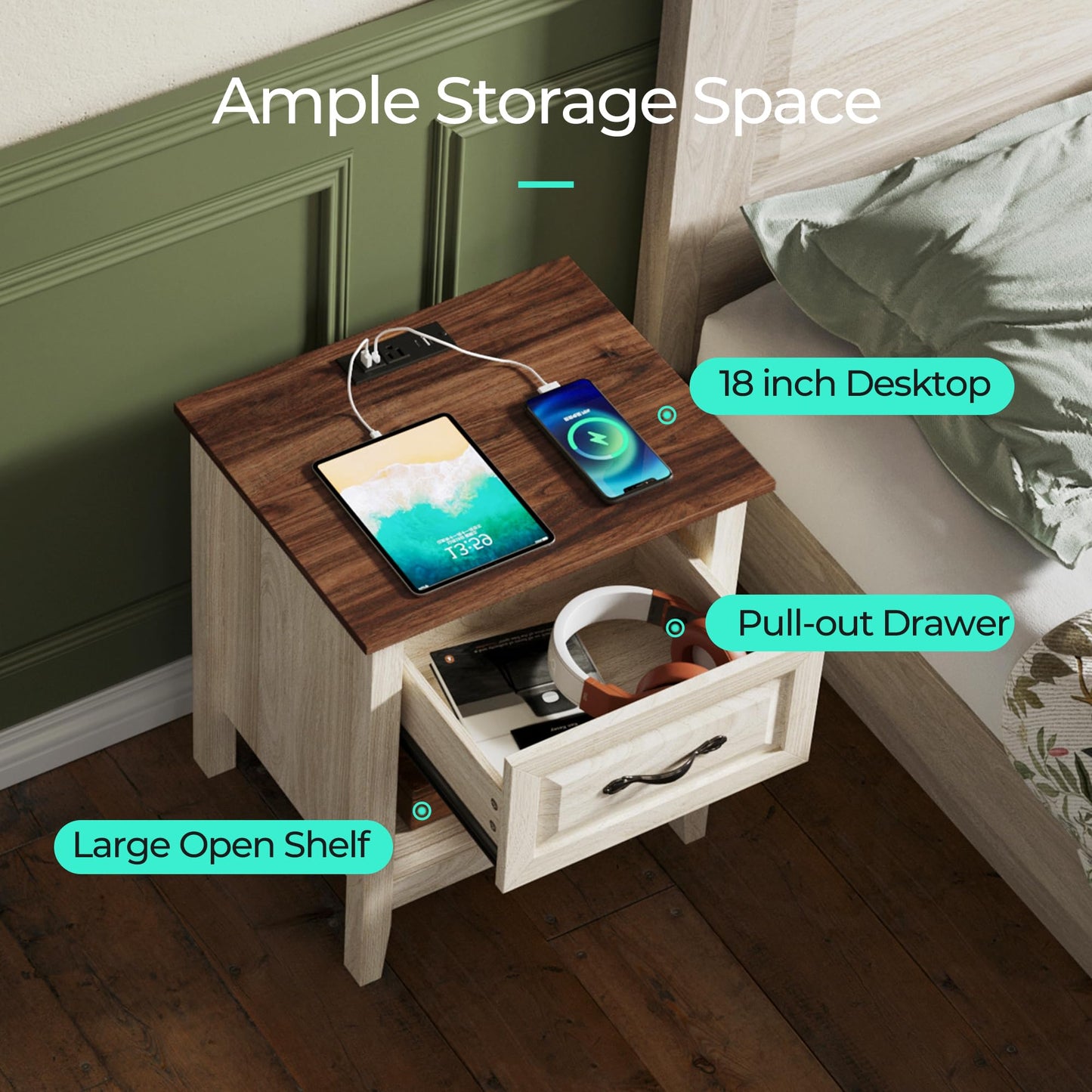 LINSY Night Stand Set of 2, 18.9" Farmhouse Wood NightStand with Type-C Charger &Open Storage Shelf Nightstands with Drawer, Side Table End Table for Bedroom Living Room Sofa Couch Office Beige