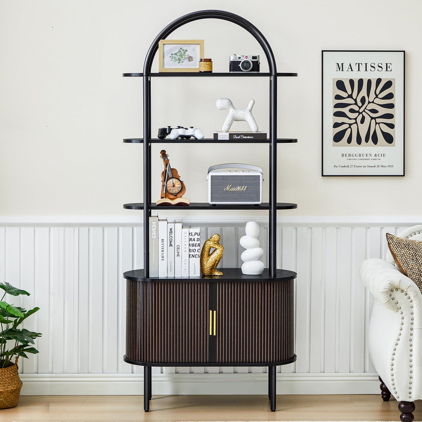Turtle&Myrtle Tall Arched Bookshelf, Mid Century Modern Fluted Bookcase Cabinet with Sliding Doors, Curved Metal Frame Bookcase, Industrial Storage Display Shelving for Living Room, Bedroom (Black)