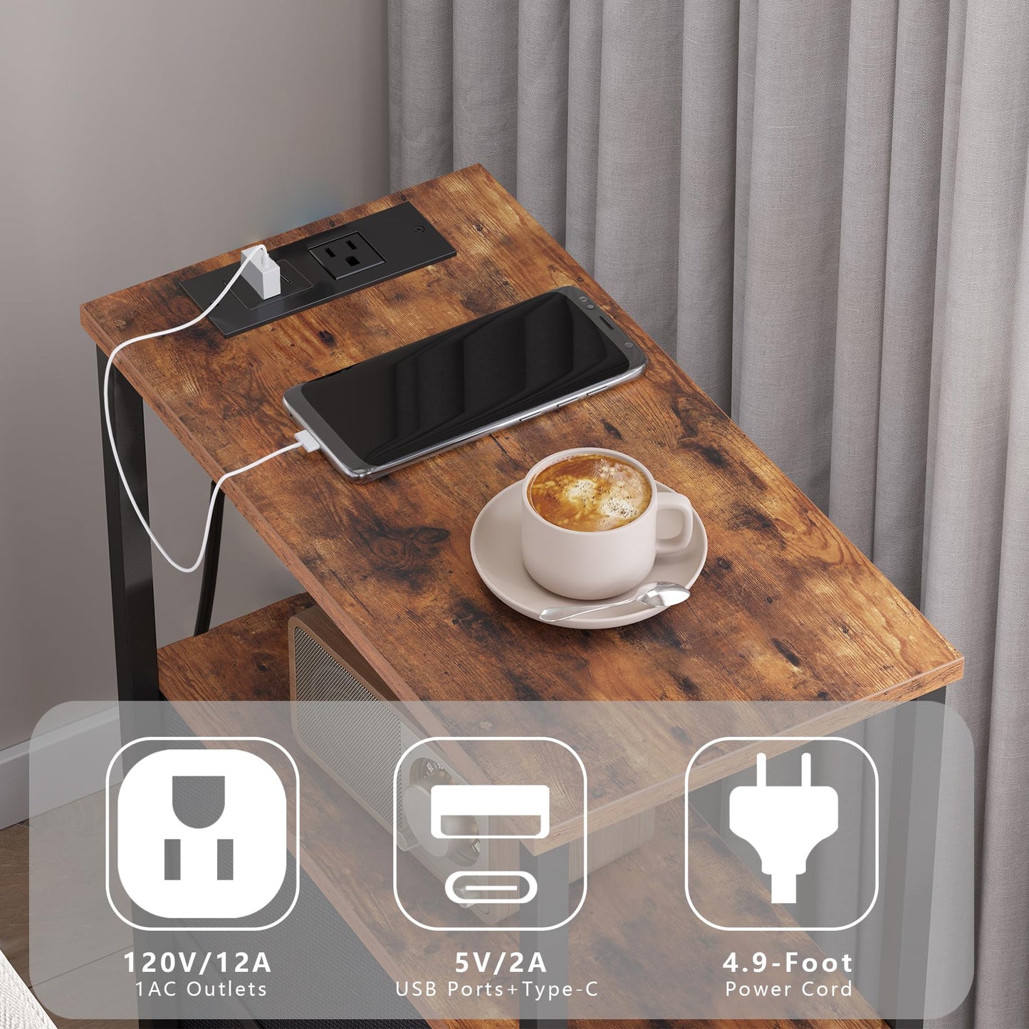 TUTOTAK Set of 2 Small Narrow End Table with Charging Station, Side Table with Outlets, Nightstand with Cloth Drawer, Couch Table, for Living Room, Bedroom, Bedside, Brown TB01BB058