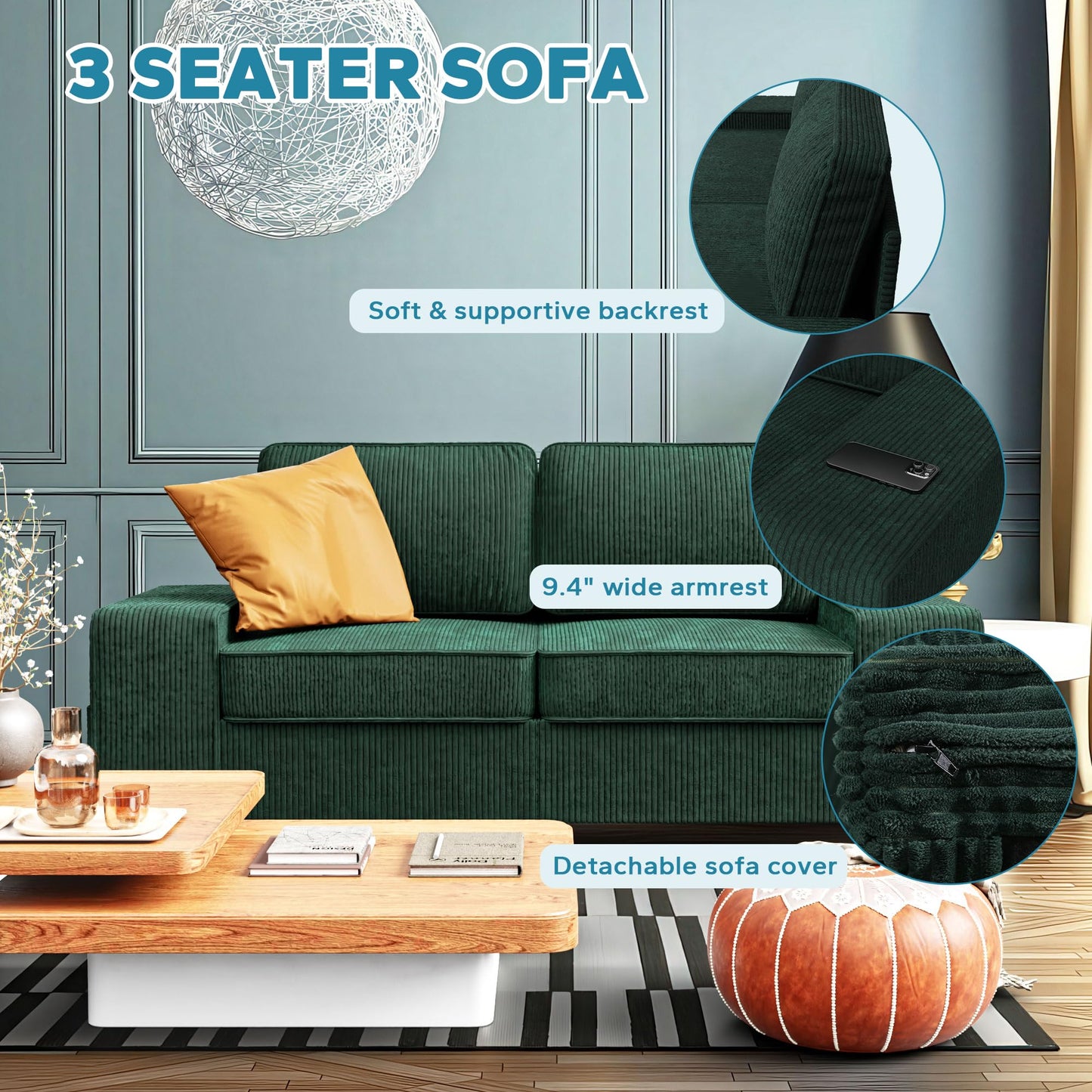 MeetLeisure 71" Corduroy Loveseat Couch, 2 Seater Retro Sofa with 4 Side Pockets, Removable and Washable Cushions, Mid Century Modern, Living Room, Apartment, Office (Green)