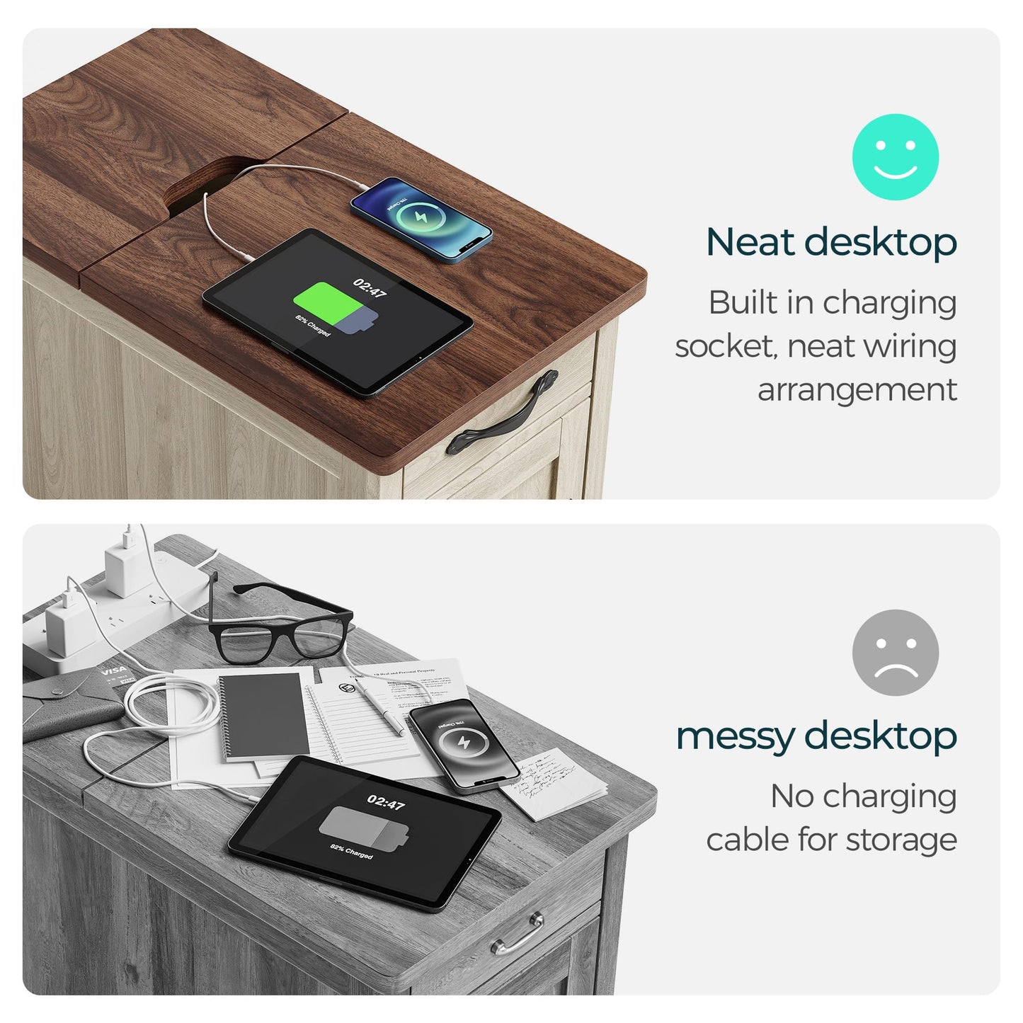 LINSY HOME Farmhouse End Table with Charging Station, Narrow Side Table for Living Room, Sofa Side Table with Drawer and Storage Cabinet, Small Nightstand for Home Office