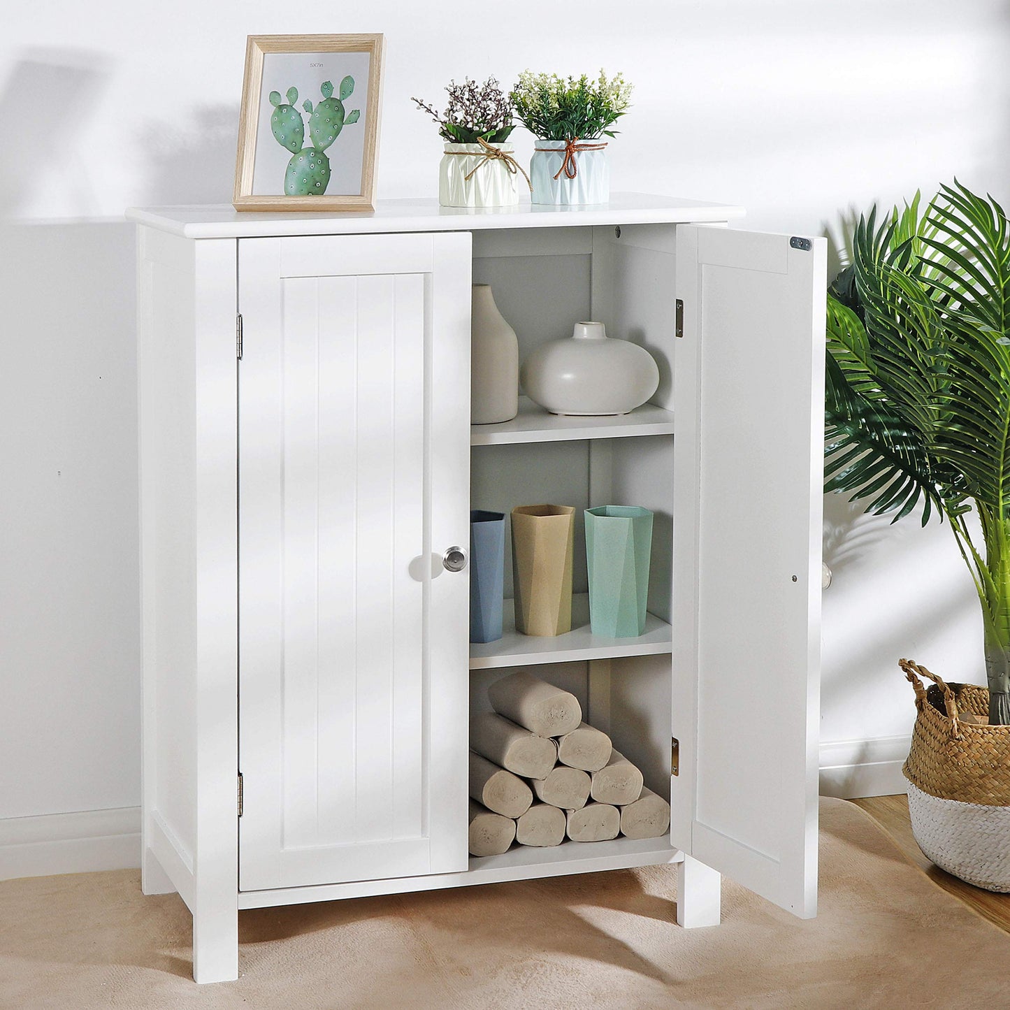 SUPER DEAL Modern Bathroom Floor Storage Cabinet with Adjustable Shelf and Double Door Rust Proof, Living Room Modern Home Furniture Storage Organizer Cabinet