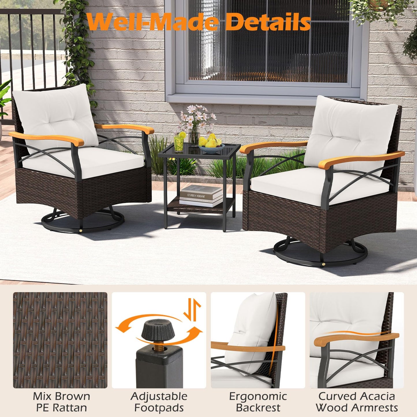 Tangkula 3 Piece Outdoor Swivel Chair Set, Patio Wicker Rotating Cushioned Chairs with 2-Tier Tempered Glass Side Table, for Porch, Yard, Balcony, Garden (Off White)