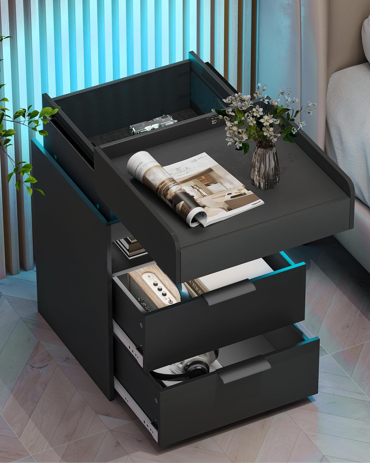 Nightstand with Gun Drawer, Charging Night Stand with USB and AC Ports, LED Nightstand, NightStands with Gun Drawer, Smart Night Stand with Sliding Top Storage
