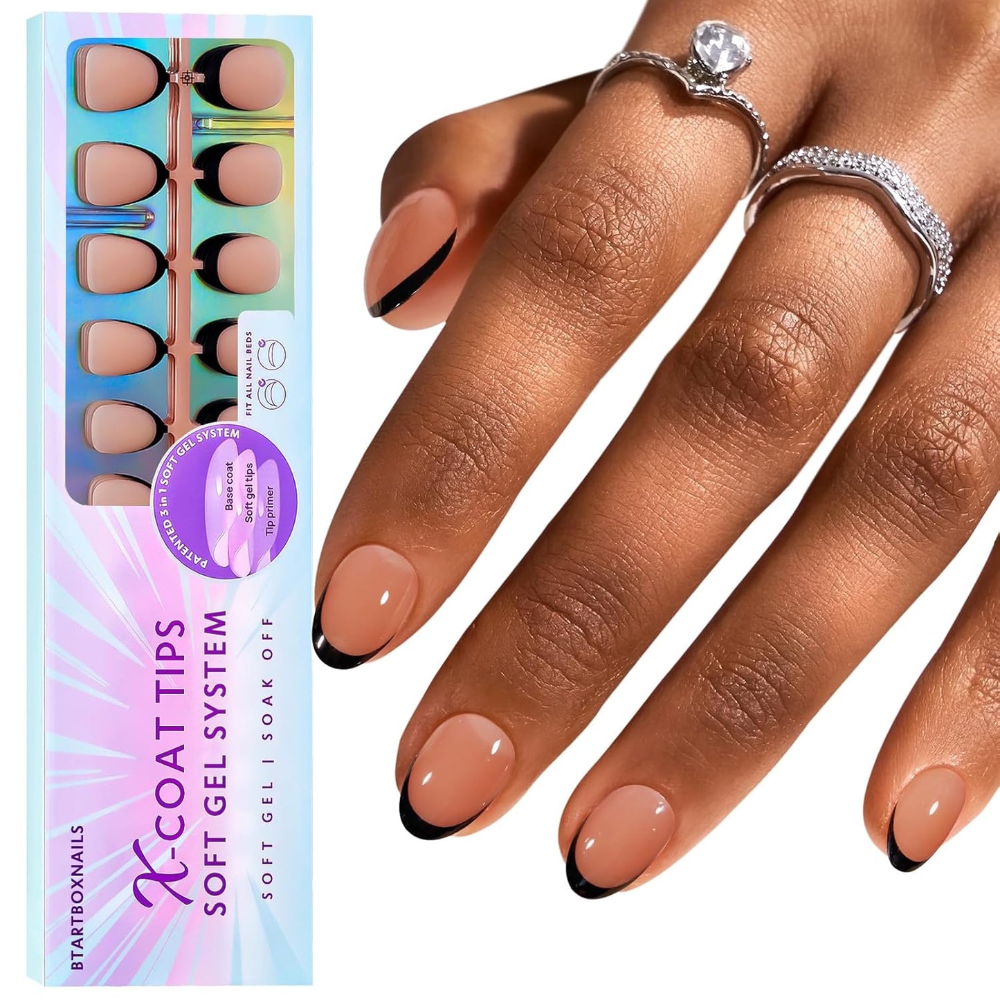 BTArtboxnails XCOATTIPS French Gel Nails - Black French Tip Press on Nails, Soft Gel Extra Short Almond Nail Tips, Press on Nails Acrylic Nail, Soak Off Fake Nails Extension