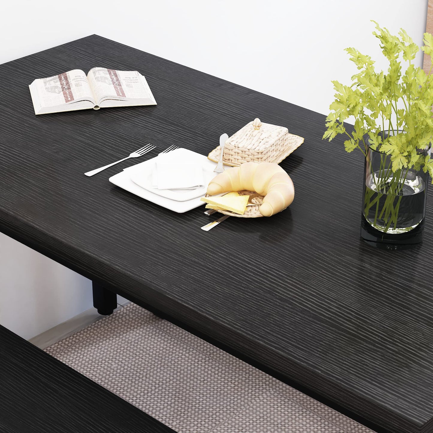 Recaceik Dining Table Set for 4 Kitchen Table Set with 2 Dining Benches, 3 Piece Farmhouse Dining Room Table Set Industrial Breakfast Nook Table Set for Small Space, Apartment, Black