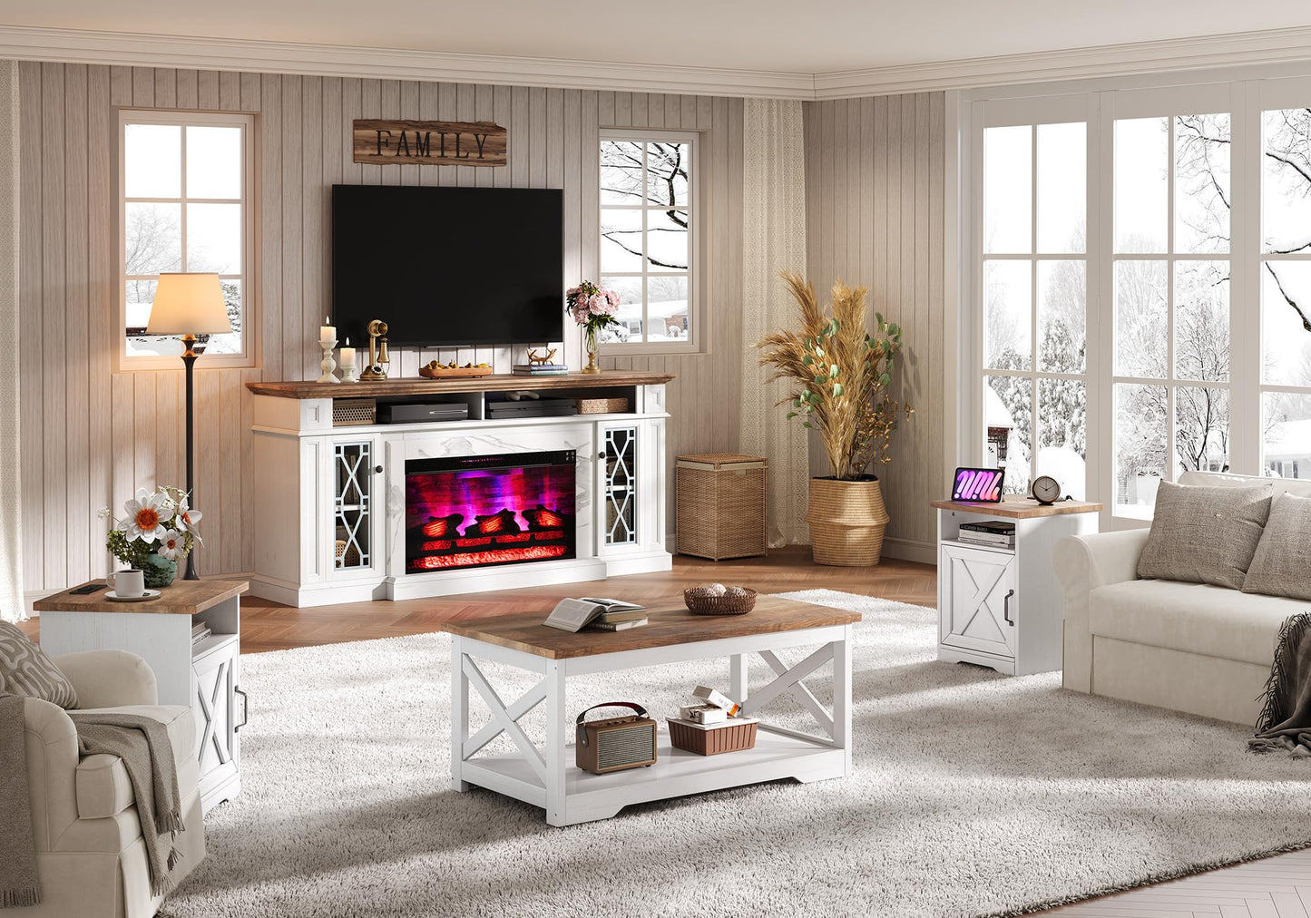 AMERLIFE 4 Pieces Living Room Table Sets, 70" Farmhouse TV Stand with 33" Electric Fireplace, Coffee Table & 2 End Tables with Charging Station and USB Ports, Living Room, White & Barnwood